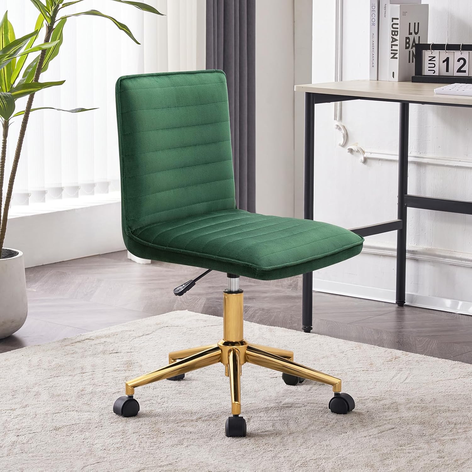 Furnimart Silla de escritorio de terciopelo sin brazos para oficina en casa, sillas de tareas ajustables, silla de oficina tapizada giratoria