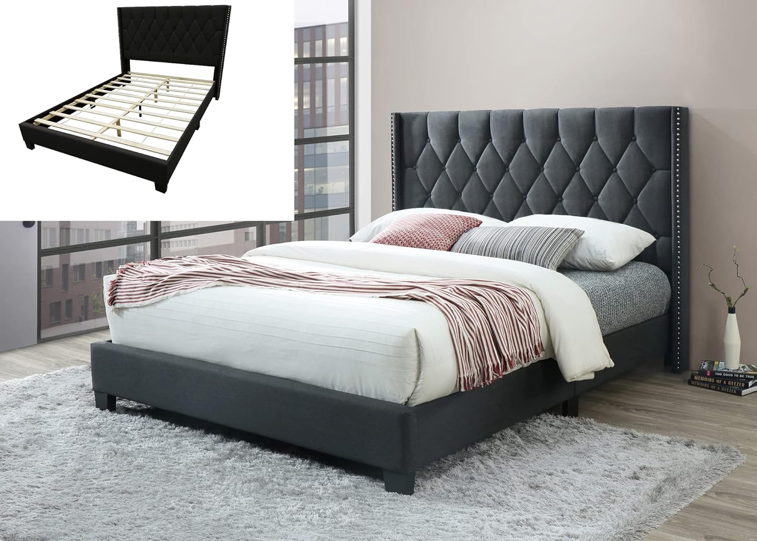 Better Home Products Amelia – Cama Queen con plataforma copetuda de tela (62 x 86 pulgadas), color carbón