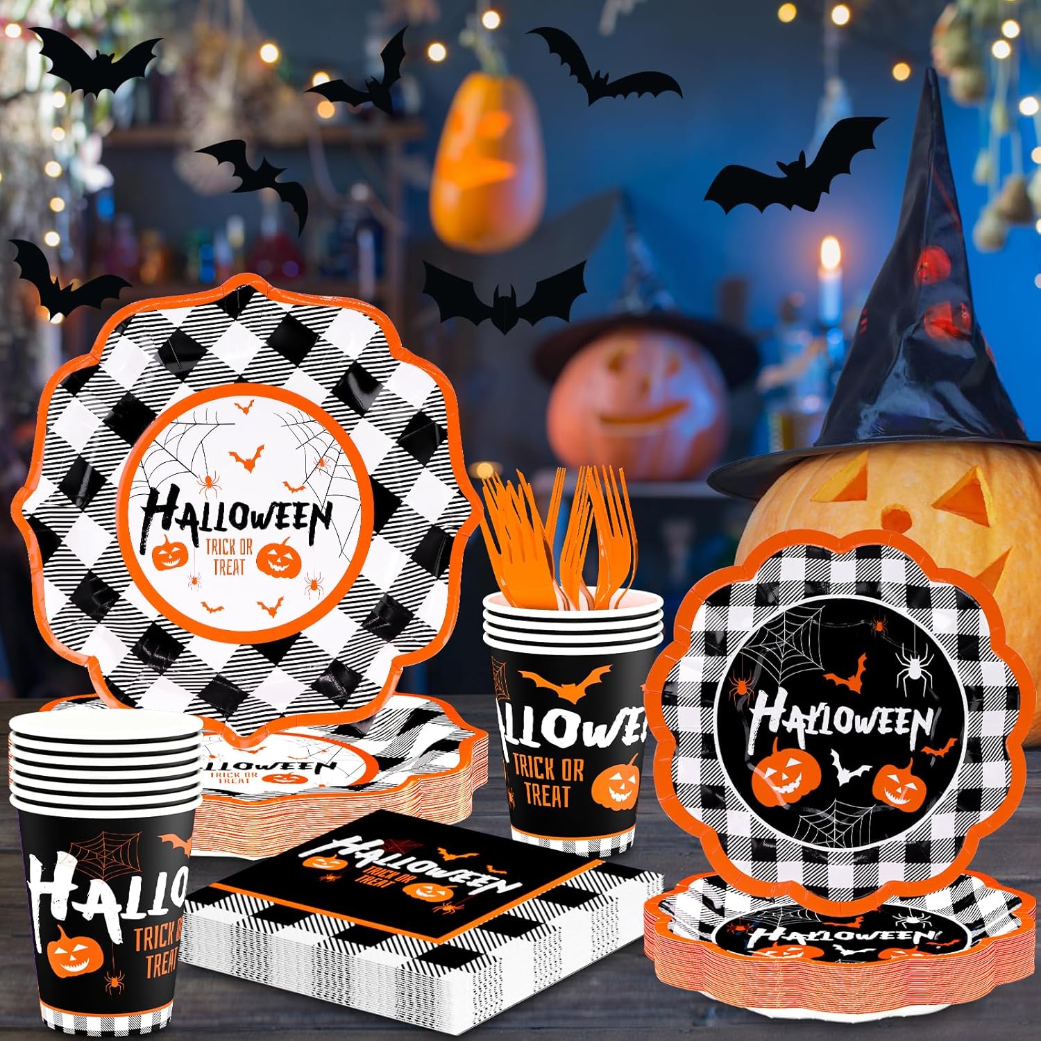 DYLIVeS Kit de suministros para fiesta de Halloween, vajilla desechable de calabaza y murciélagos a cuadros de Halloween, incluye platos de cena,