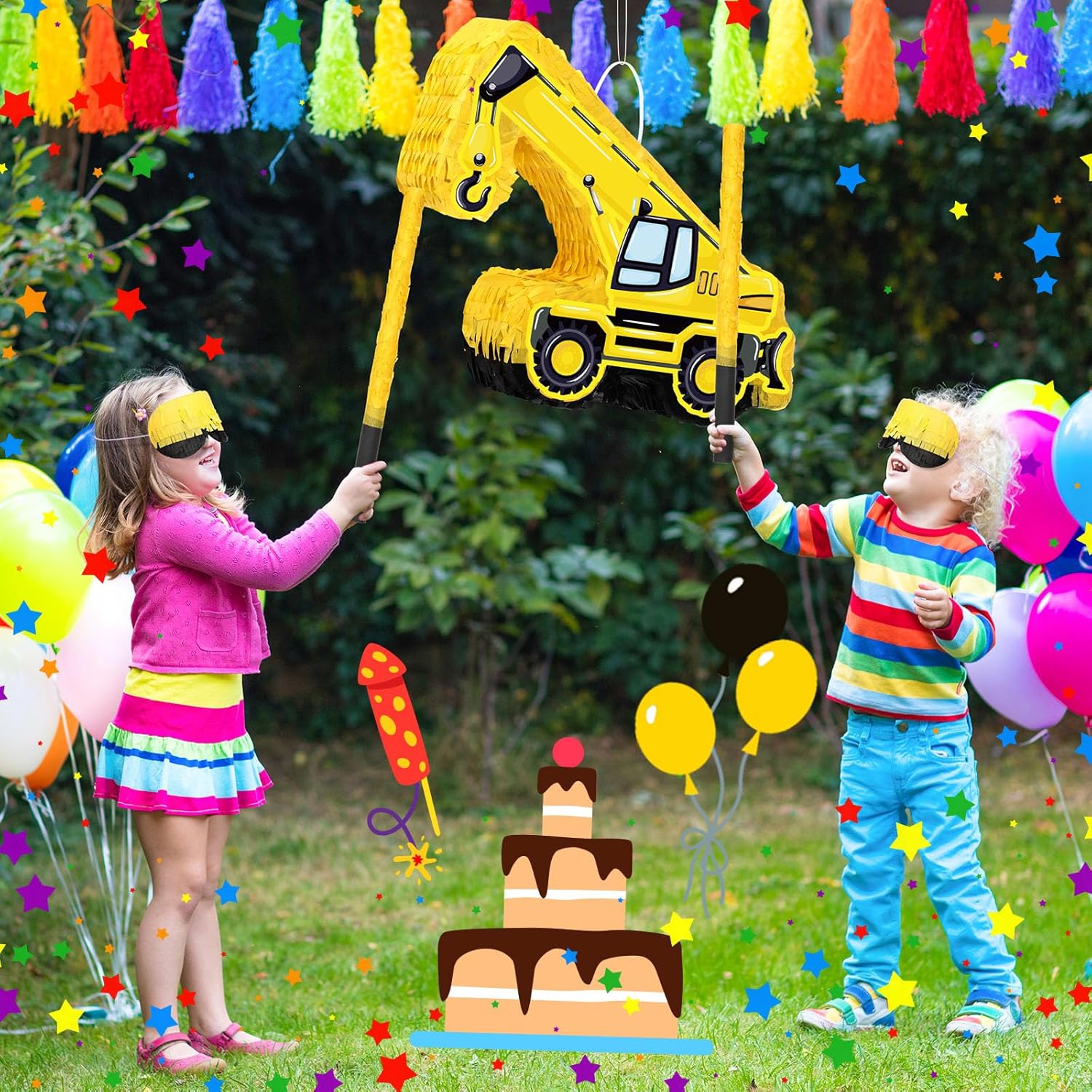 Paquete de piñata para camión de construcción, piñata, excavadora, con palo, confeti, piñata de construcción, piñata grande de cumpleaños para