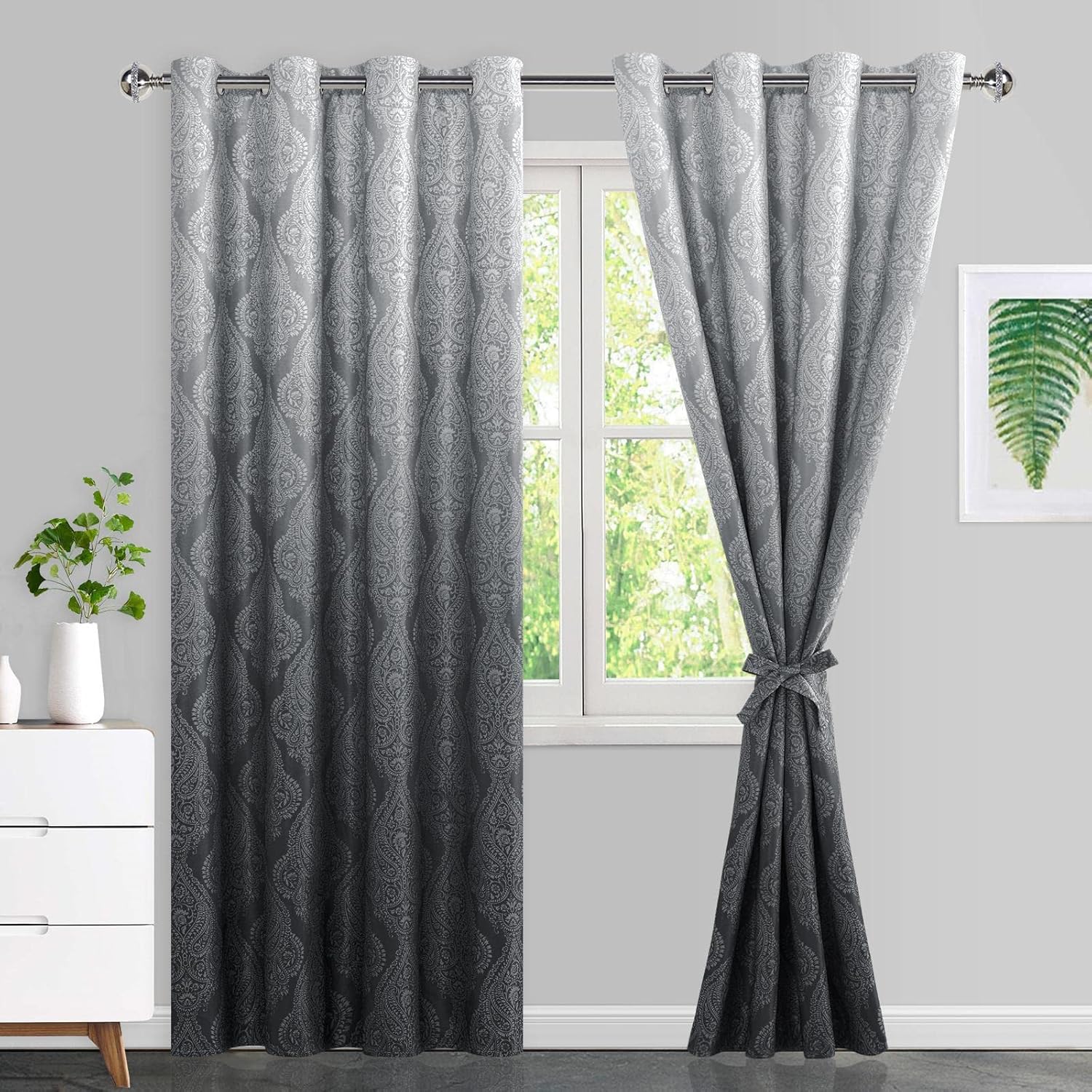 JIUZHEN Cortinas opacas degradadas con alzapaños, estampado de damasco, aislamiento térmico, oscurecimiento de habitación, cortinas con ojales para