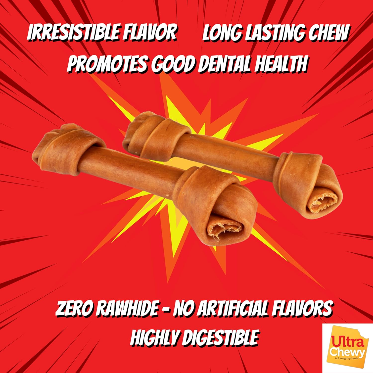 Ultra Chewy Huesos anudados con tendón de pavo para perros, de alta calidad, totalmente natural, hipoalergénico, de larga duración, fácil de