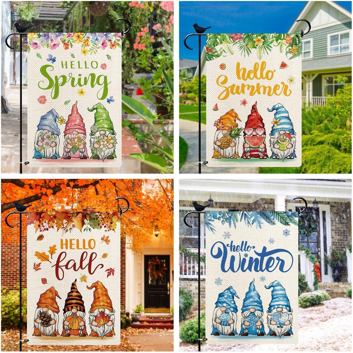 Juego de 4 banderas de jardín de temporada, diseño de Hello Spring, verano, otoño, invierno, tres gnomos, arpillera, banderas de patio con impresión