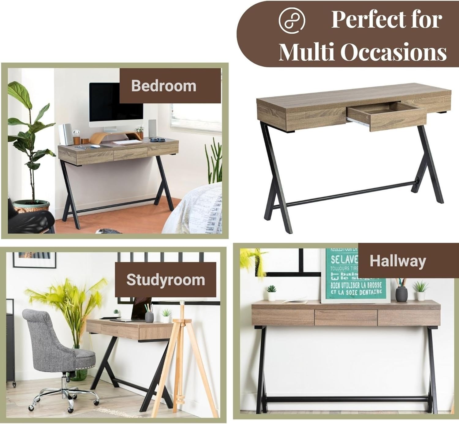 FurnitureR Escritorio de madera para computadora de 45.7 pulgadas con cajón de almacenamiento, escritorio contemporáneo con patas de metal para