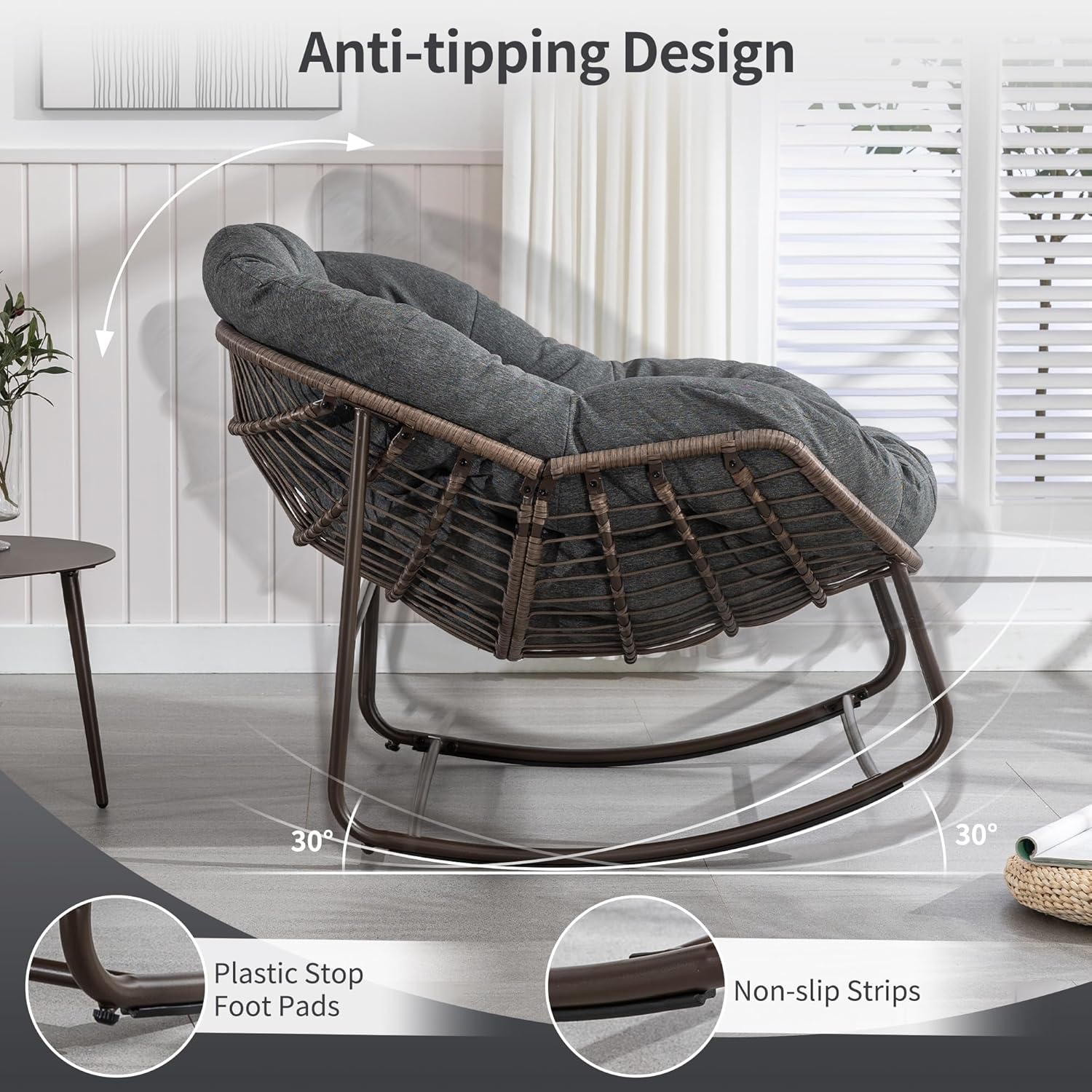 HOMEFUN Mecedoras para patio al aire libre, mecedora Papasan de gran tamaño para interiores con cojín acolchado, silla mecedora para porche