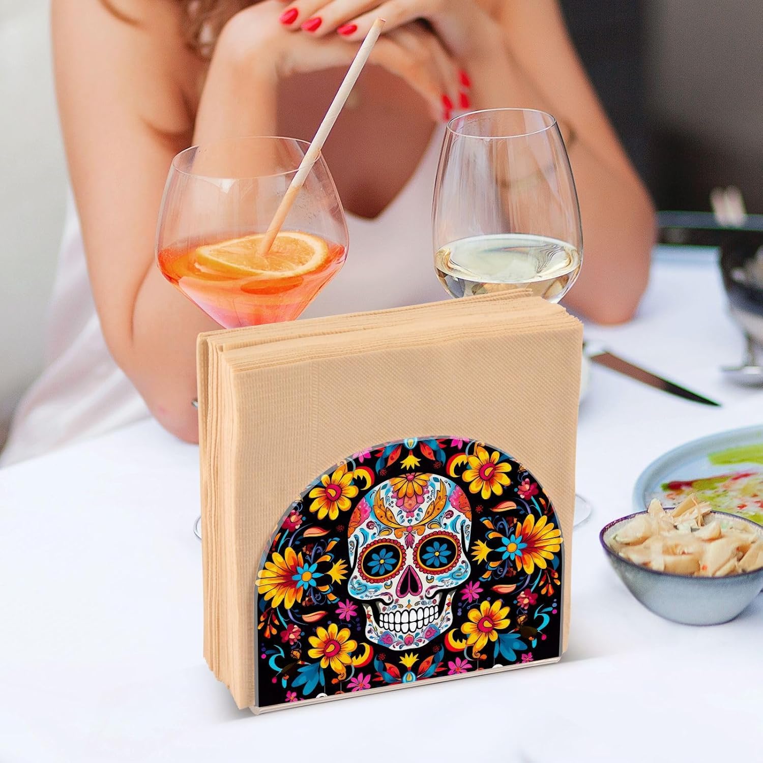 Servilletero de calavera de azúcar para mesa de Halloween, día muerto, dispensadores de servilletas de papel acrílico, servilleteros de cóctel para