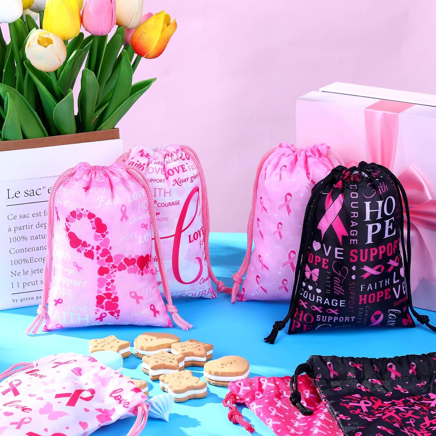 24 bolsas de cáncer de mama de 5 x 7 pulgadas, bolsa de cinta rosa con cordón, bolsa de regalo para concientización sobre el cáncer de mama, bolsa