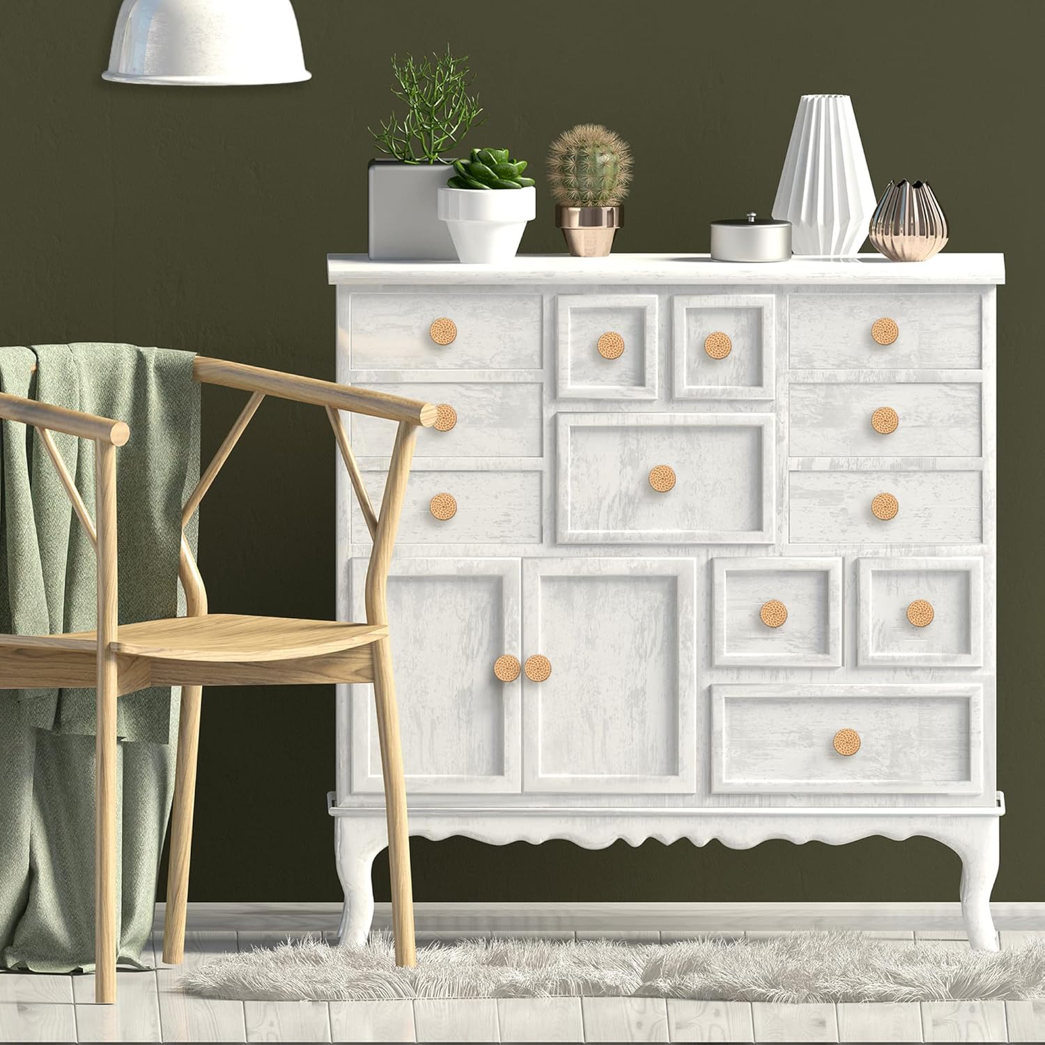 ETIUC 12 pomos de ratán para cajones, pomos bohemios de madera hechos a mano, perillas de madera para cajones, herrajes de mimbre tejido bohemio