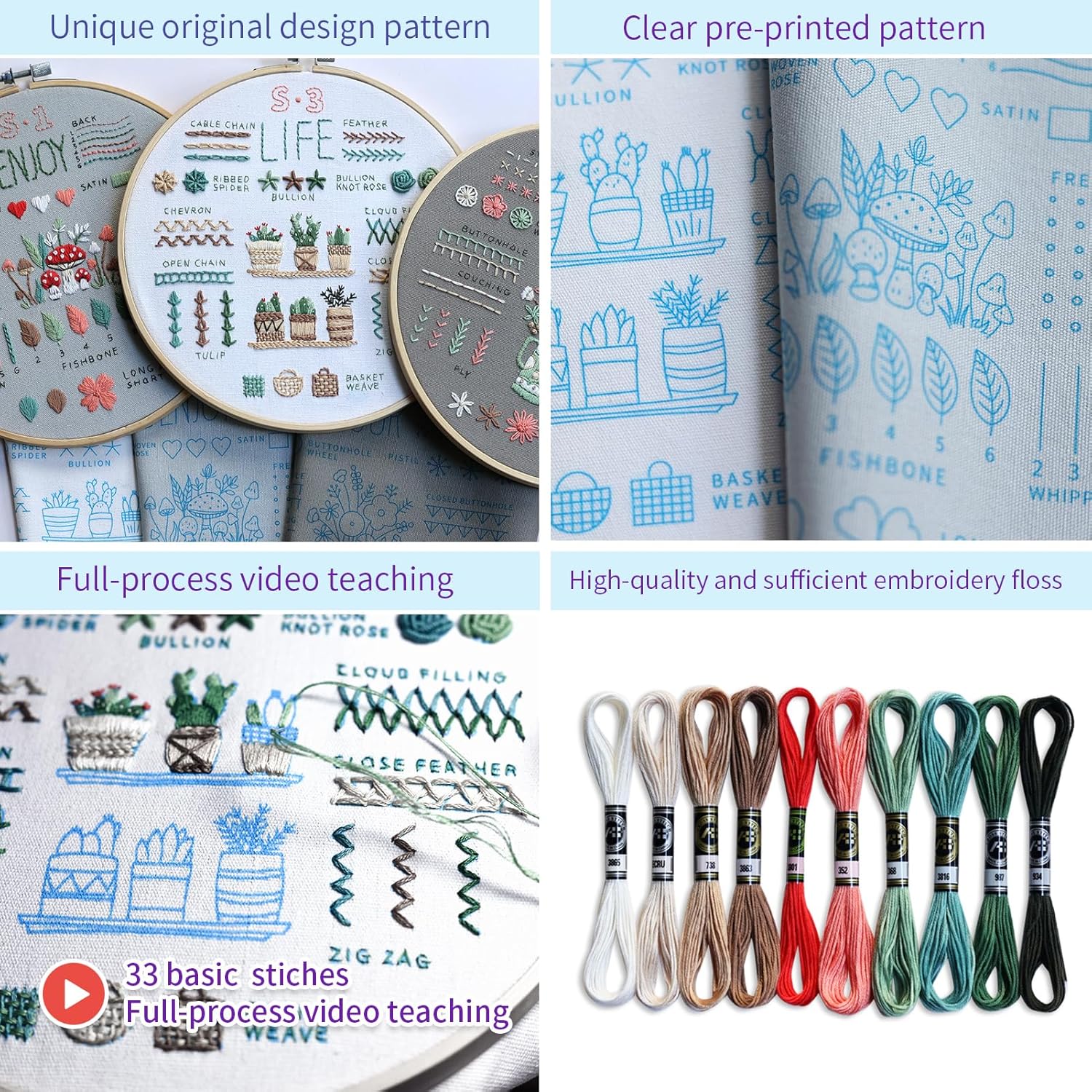 ETSPIL Kit de bordado de 3 juegos para principiantes, kits de plantas para adultos aprenden 33 puntadas diferentes, incluye patrón estampado,