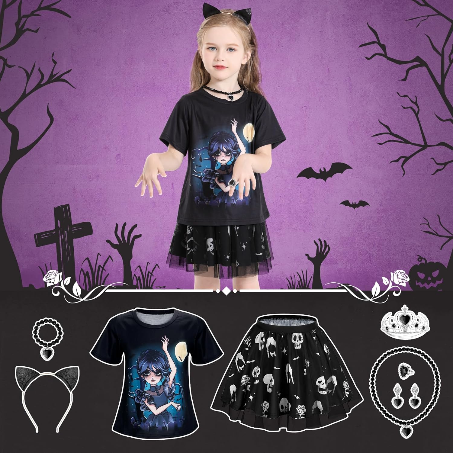 Fedio Vestido de disfraz negro para niñas, vestido de disfraz familiar negro para niñas, vestidos de princesa negros para niñas de 3, 4, 5, 6 años,