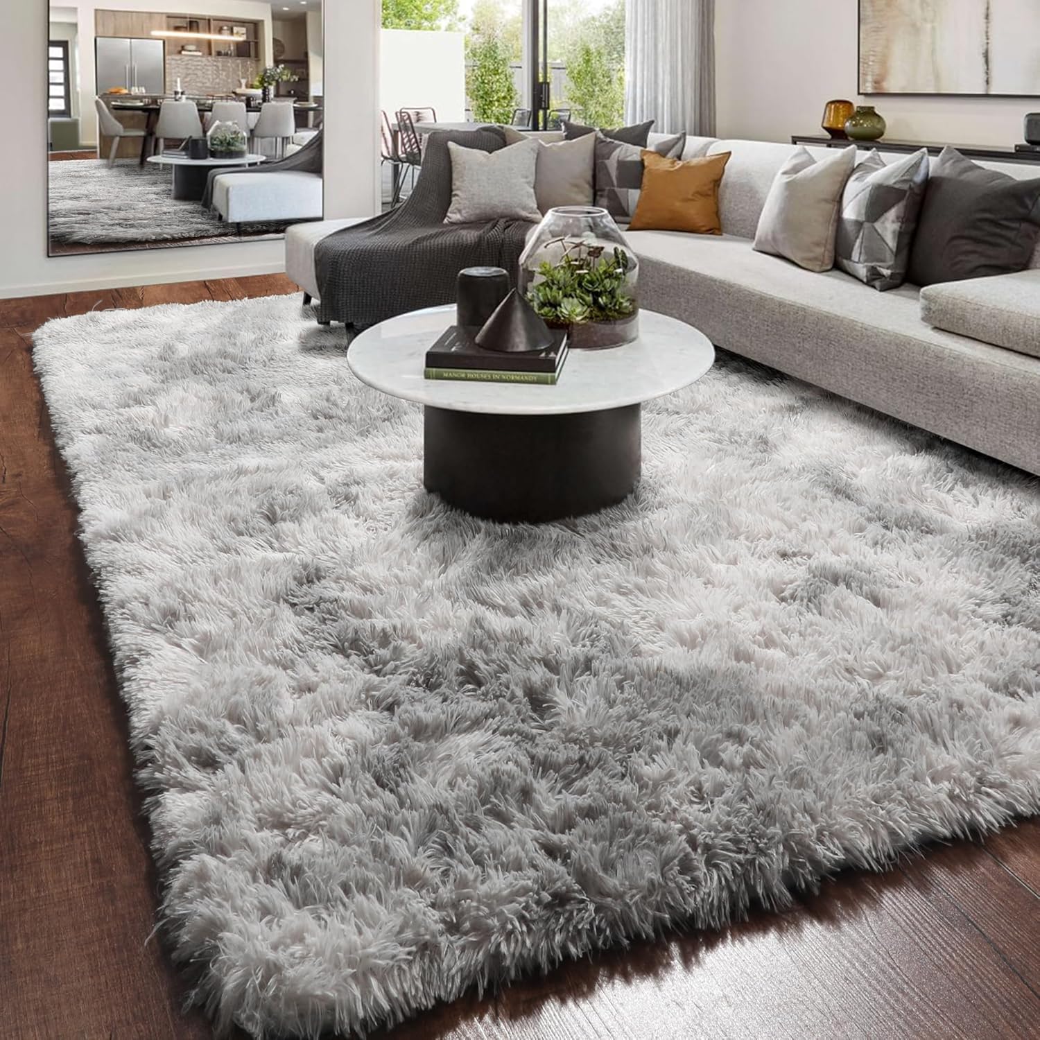 Amdrebio Alfombras grandes de sala de estar de color gris claro teñido anudado de 6 x 9 pies, alfombra de área peluda para dormitorio, alfombra