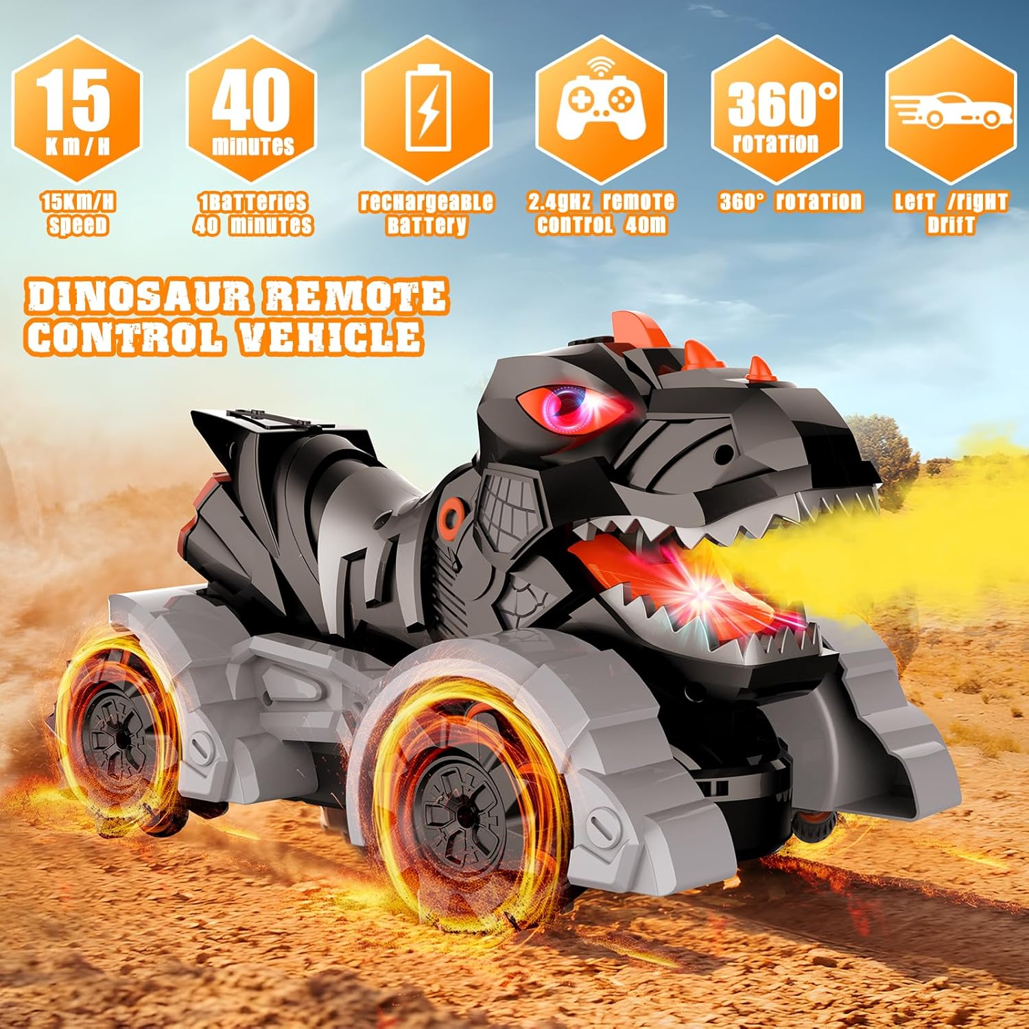 Autos RC Juguetes de dinosaurio, 114, 2.4 GHz, auto de control remoto, camiones monstruos con música ligera y aerosol, 1200 mAh recargable RC
