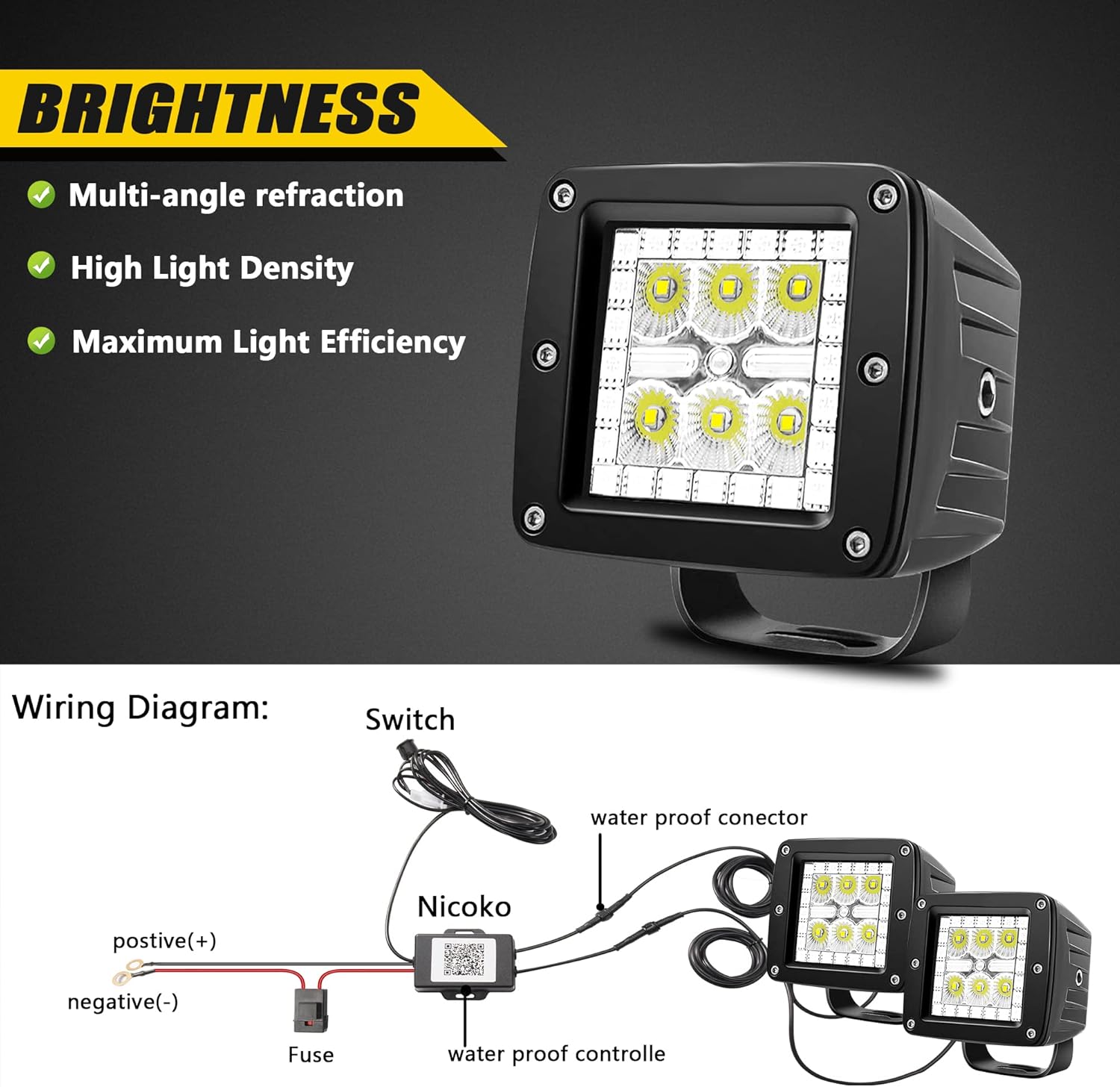 Nicoko Luces LED blancas de 3 pulgadas y 18 W, luz de trabajo LED blanca con 200 millones de anillos de halo de persecución RGB, multicolor,