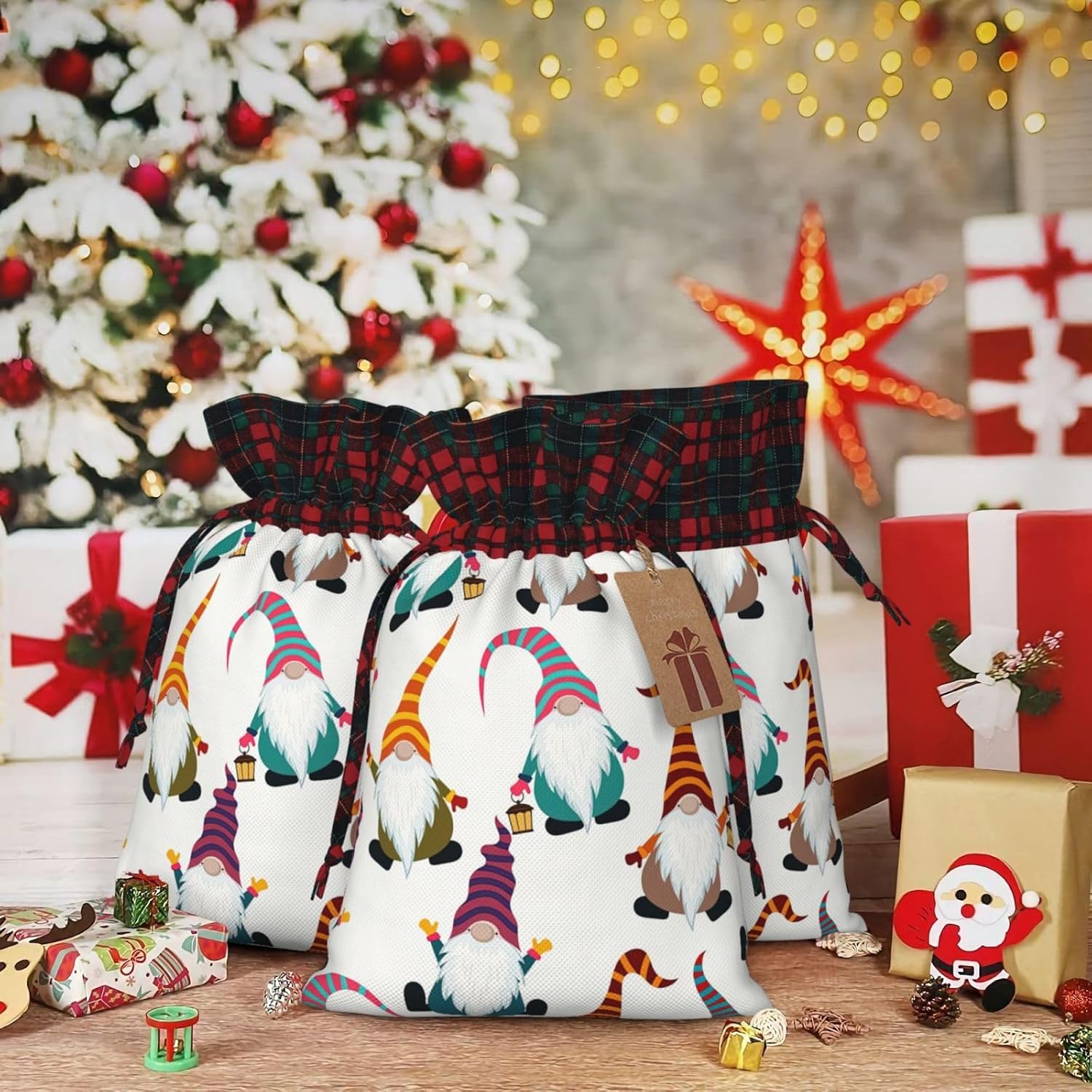 Bolsas de regalo de Navidad con cordón de gnomos divertidos, para mujeres y hombres, suministros de Navidad, 2 tamaños