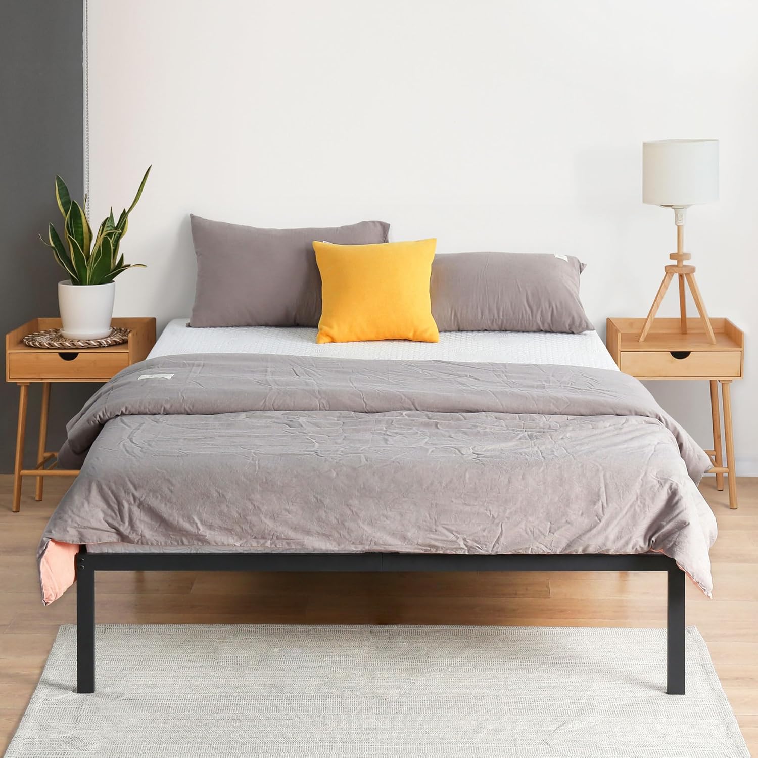 PrimaSleep Marco de cama de acero resistente de 14 pulgadas, antideslizante, cómodo marco de cama, sin ruido, fácil de montar, color negro, tamaño
