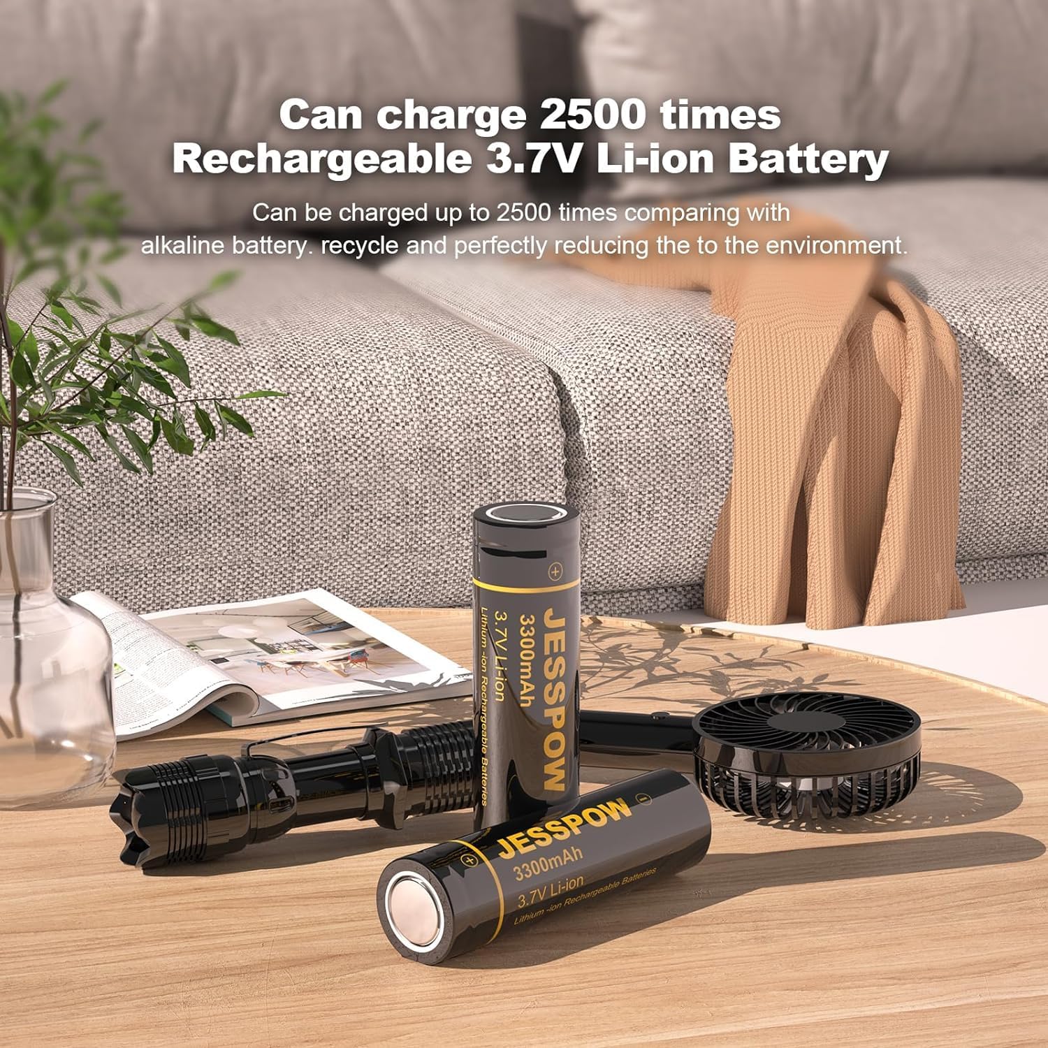 JESSPOW Batería recargable de litio de 3,7 voltios, 3300 mAh de parte superior plana para linterna LED, faro, luces solares, luces de jardín al aire
