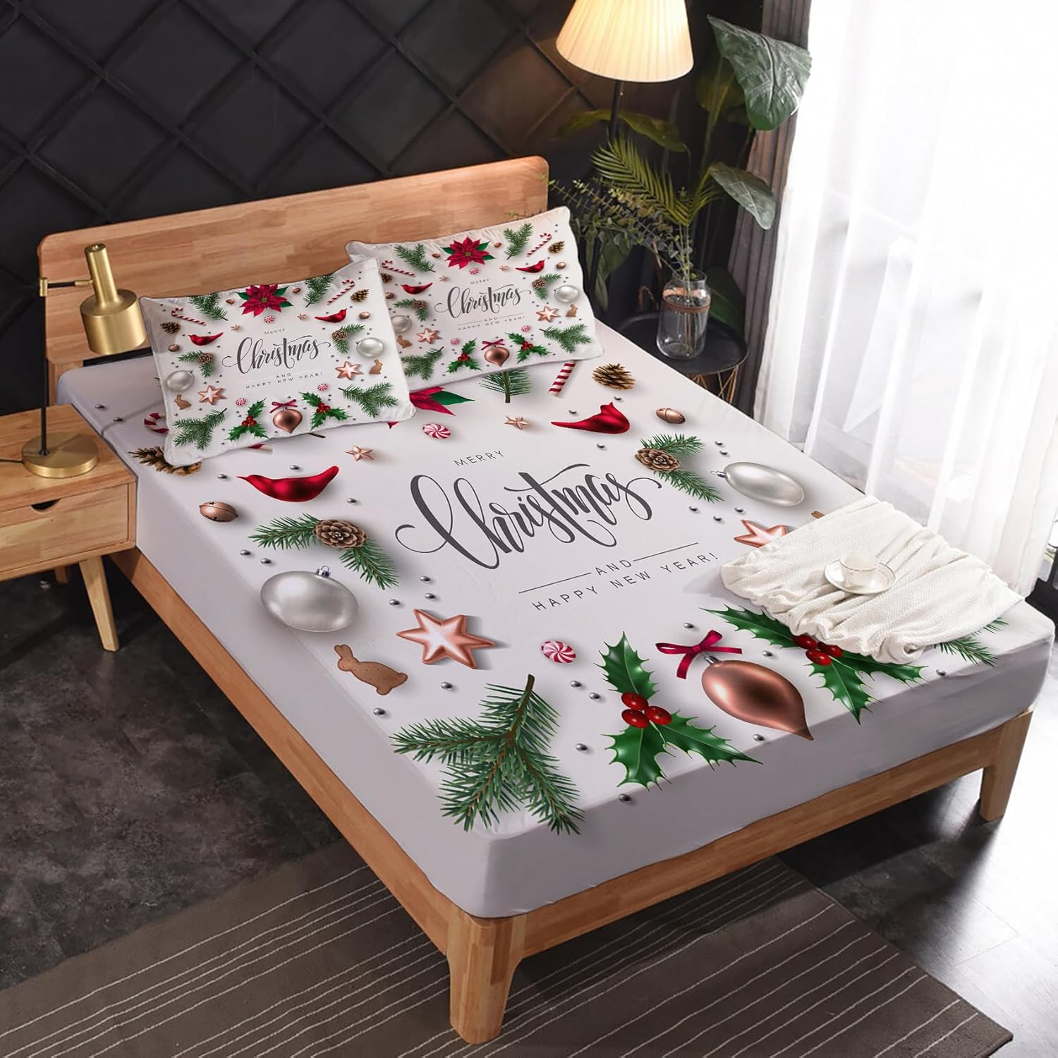 zcsm Juego de sábanas tamaño Queen sábanas de Navidad, sábanas y fundas de almohada, microfibra suave, bolsillo profundo y sin arrugas, 1 sábana