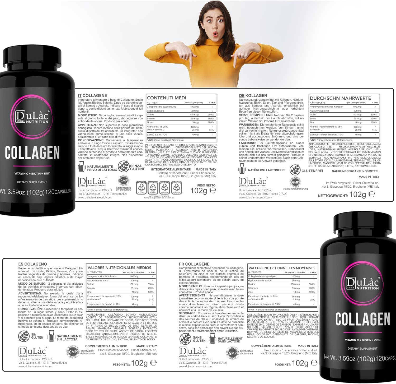 Pastillas de colágeno + ácido hialurónico Dulàc, fabricadas en Italia, 120 cápsulas de colágeno y ácido hialurónico, biotina, zinc, selenio – piel,