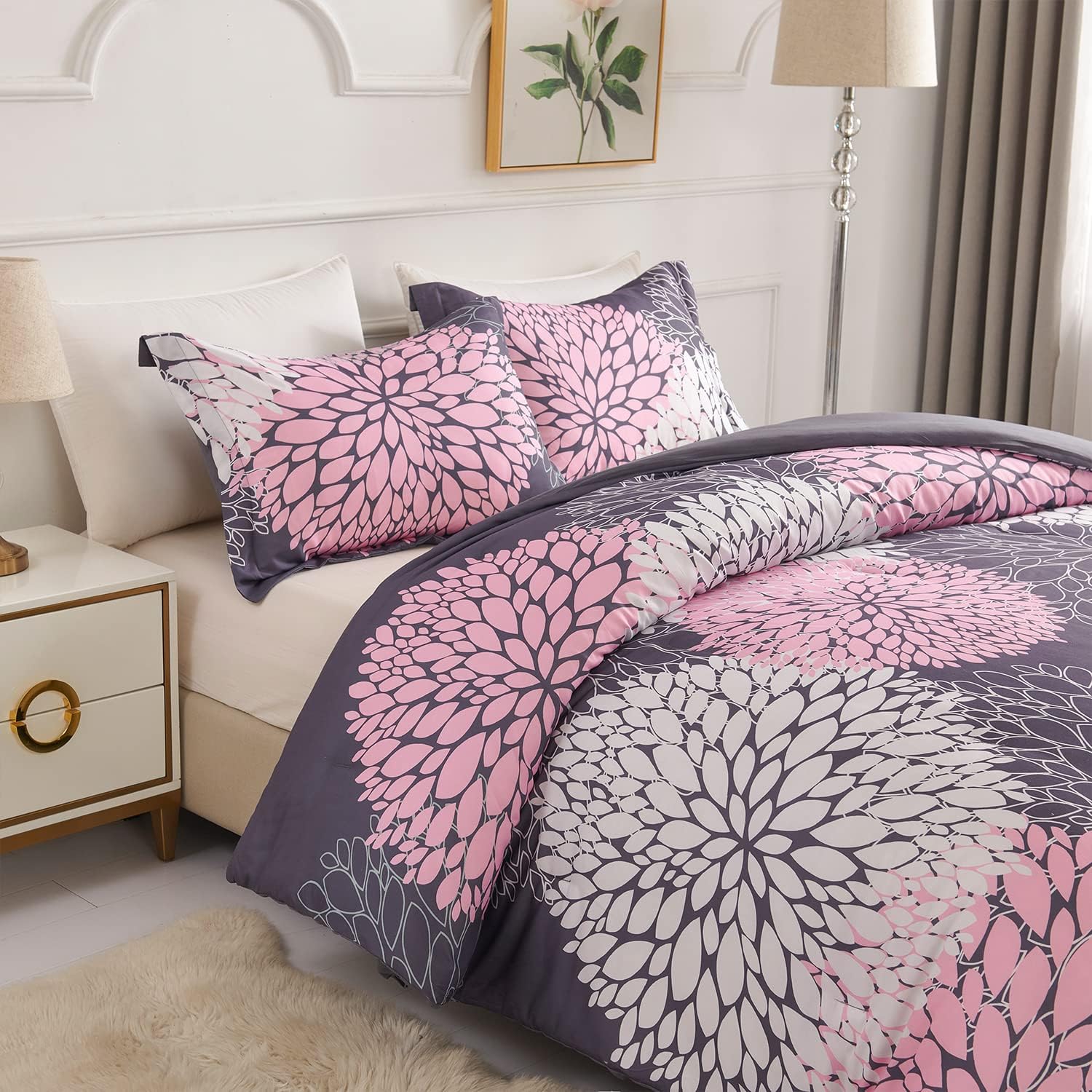 Koniroom Juego de edredón de 3 piezas, color rosa y gris, tamaño Queen, juegos de ropa de cama floral con estampado de flores rosas para mujeres,