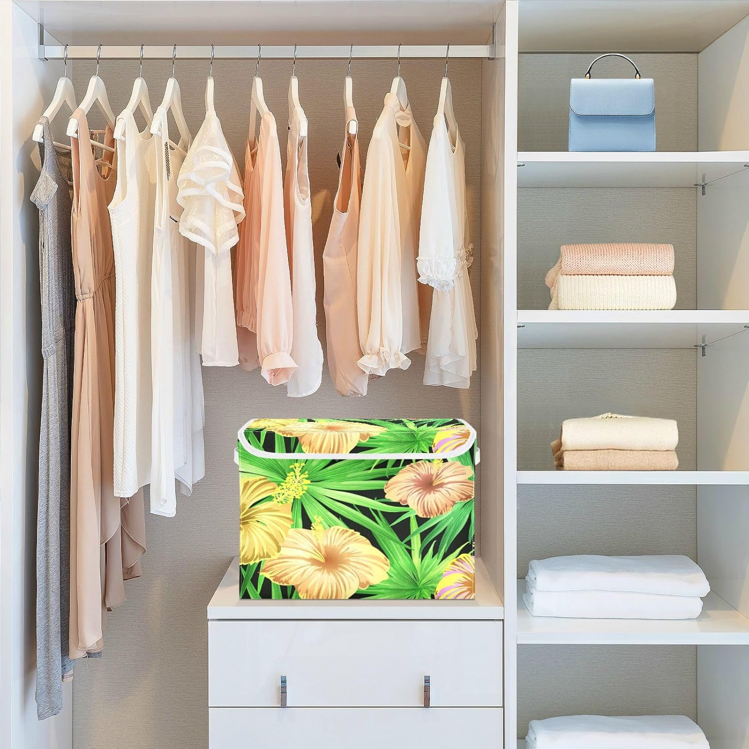 Cubos de almacenamiento plegables grandes de hojas y flores de hibisco con tapas decorativas con asas, cesta de almacenamiento de tela, cubos para