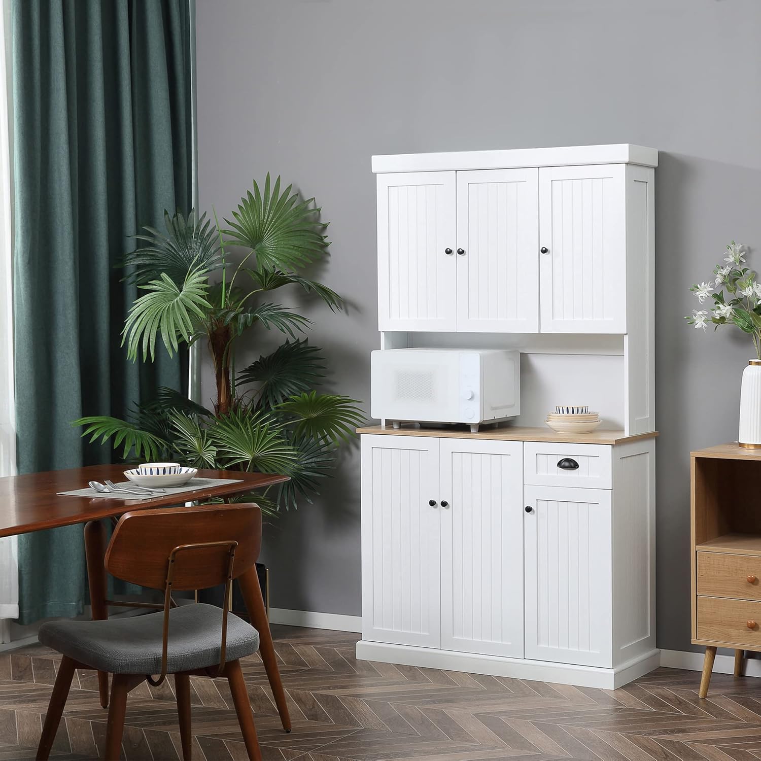 HOMCOM Buffet de 71 pulgadas con gabinete, gabinete de almacenamiento moderno de cocina de granja con encimera de horno microondas, cajón y armario,