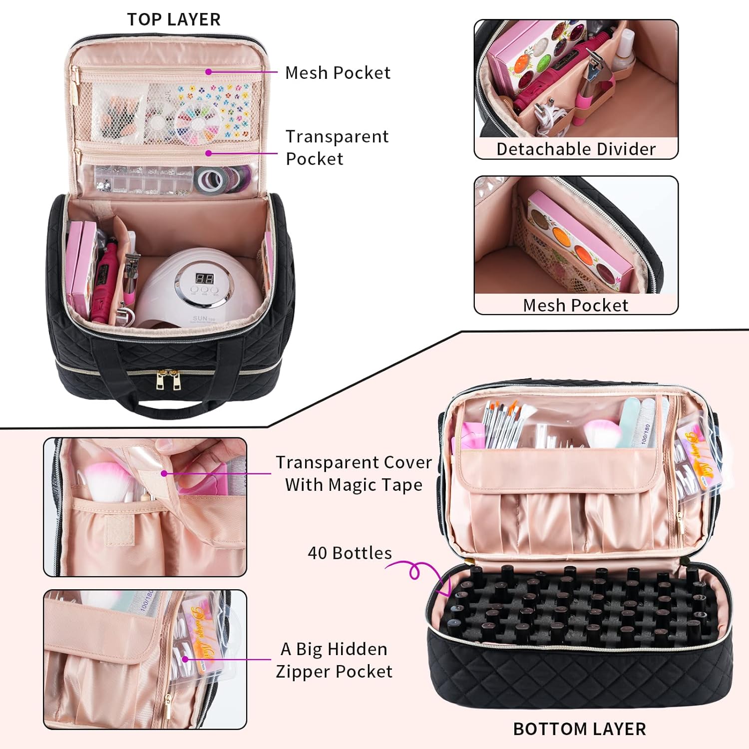 Bolsa organizadora de esmalte de uñas, se adapta a 1 lámpara de uñas y 40 botellas, bonito organizador de uñas con bolsillos laterales para