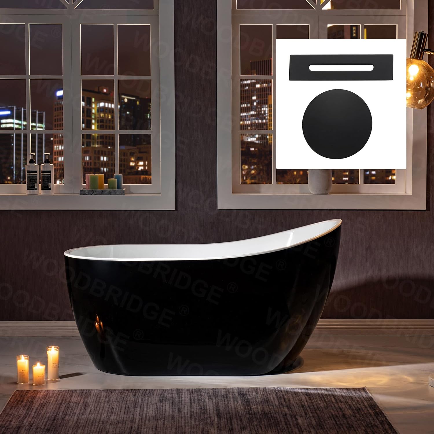 WOODBRIDGE Bañera de acrílico independiente de 54 pulgadas, bañera negra de remojo contemporáneo con desbordamiento y drenaje negro mate, BTA1807-MB