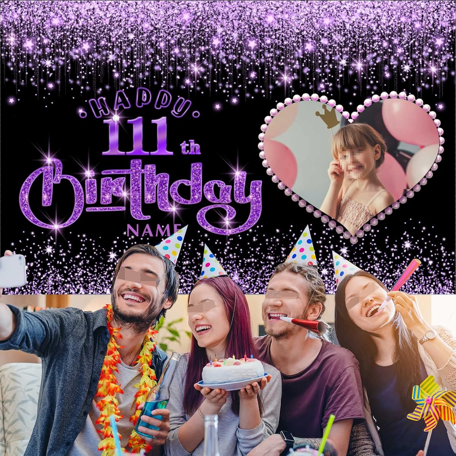 Cartel personalizable de decoración de feliz cumpleaños número 111, negro y morado brillante, tamaño grande