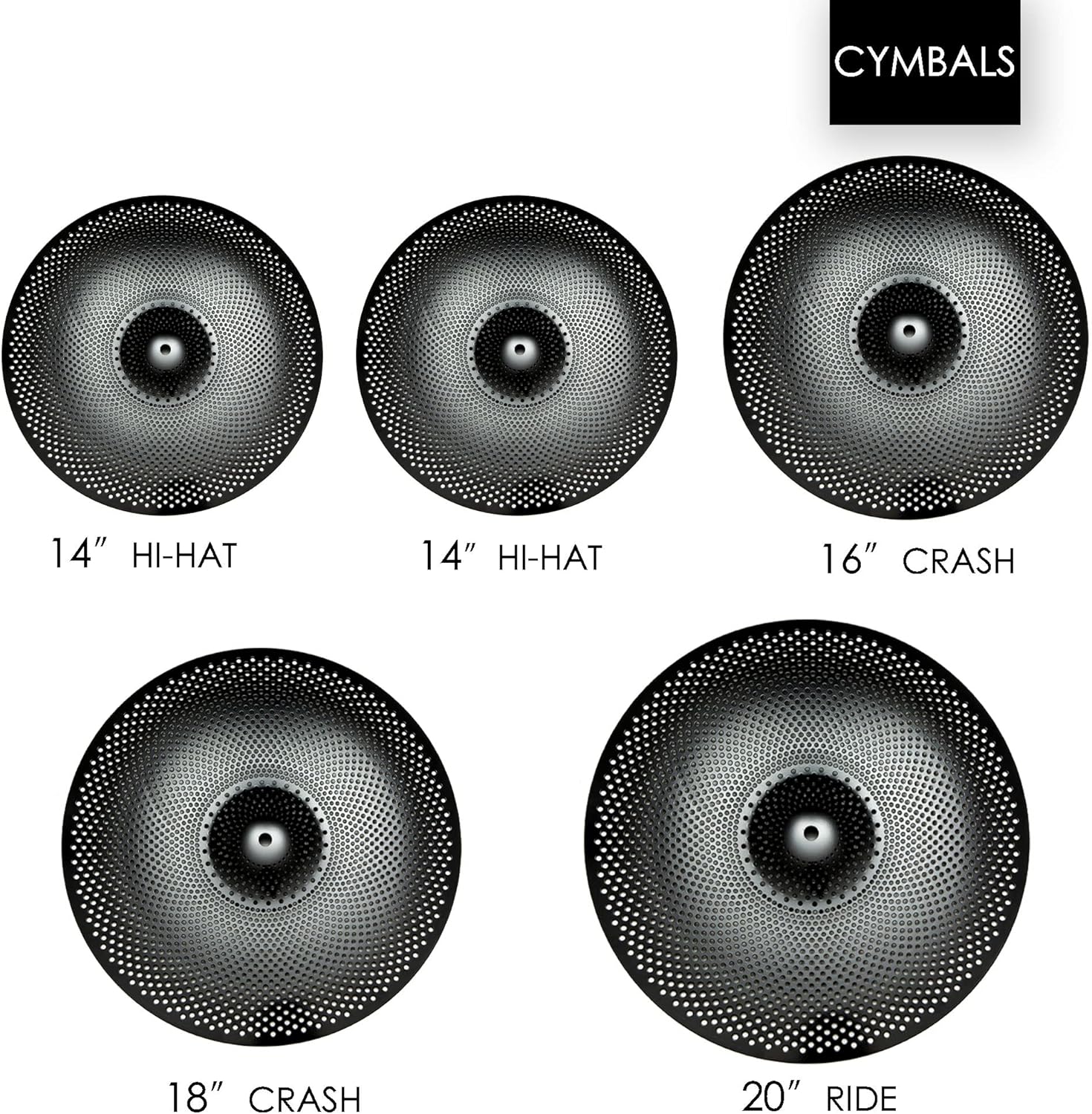 Paquete de platillos de bajo volumen, juego de platillos silenciosos de 14, 16, 18, 20 pulgadas (5 piezas, negro)  Bolsa de platillos incluida