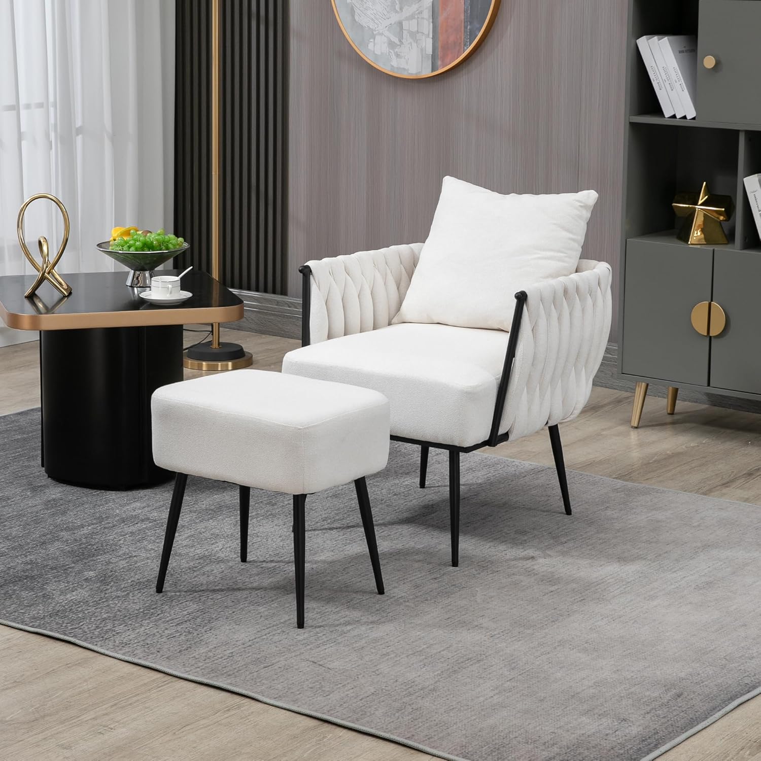 Silla de barril con acento copetudo, silla moderna con otomana de almacenamiento, sillón acolchado suave con marco de metal para sala de estar,