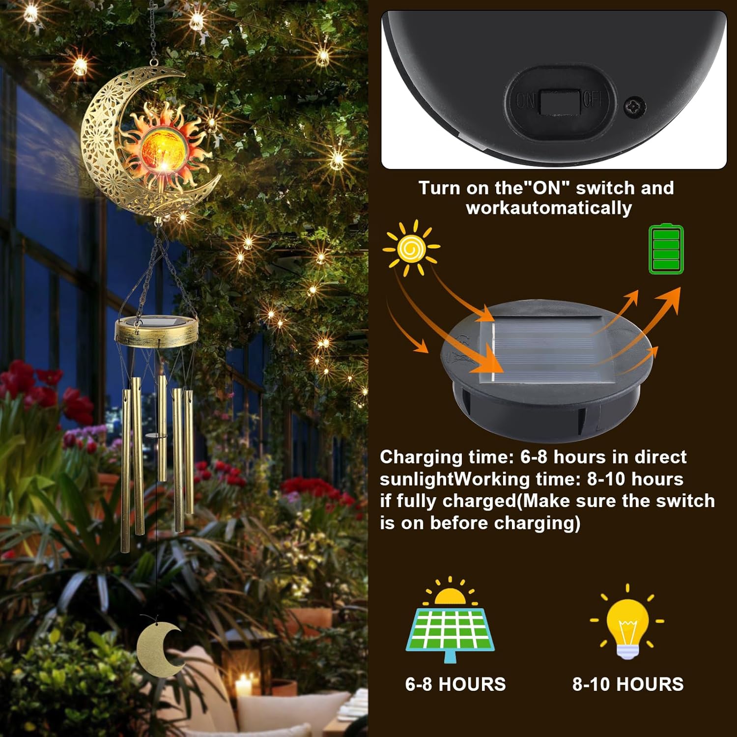 Klmnduo Campanillas de viento, bola de vidrio agrietada de sol y luna con increíble tono profundo, luces solares LED impermeables para decoración de