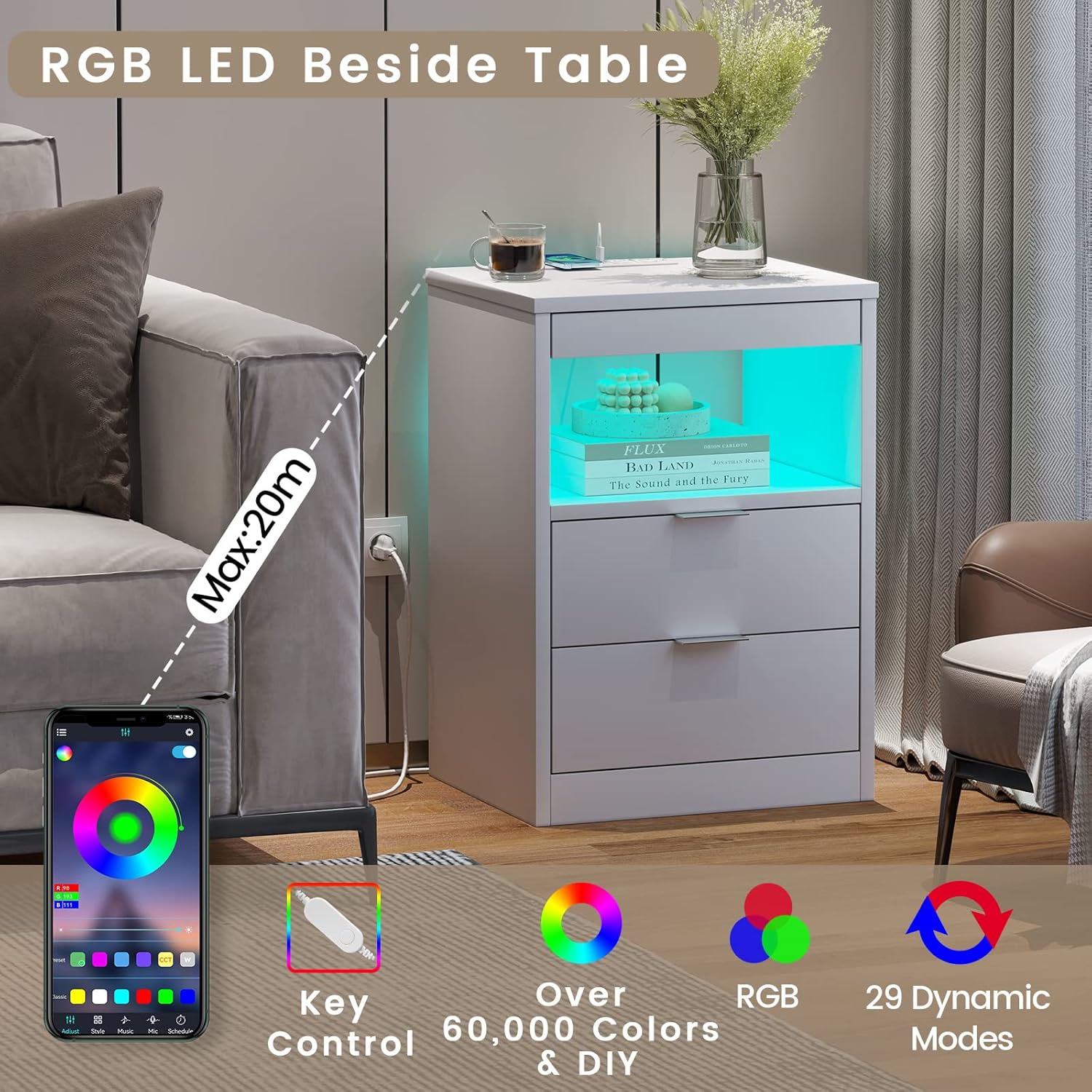 ADORNEVE Juego de 2 mesitas de noche LED, mesita de noche con estación de carga inalámbrica y luces LED, mesita de noche blanca con estante