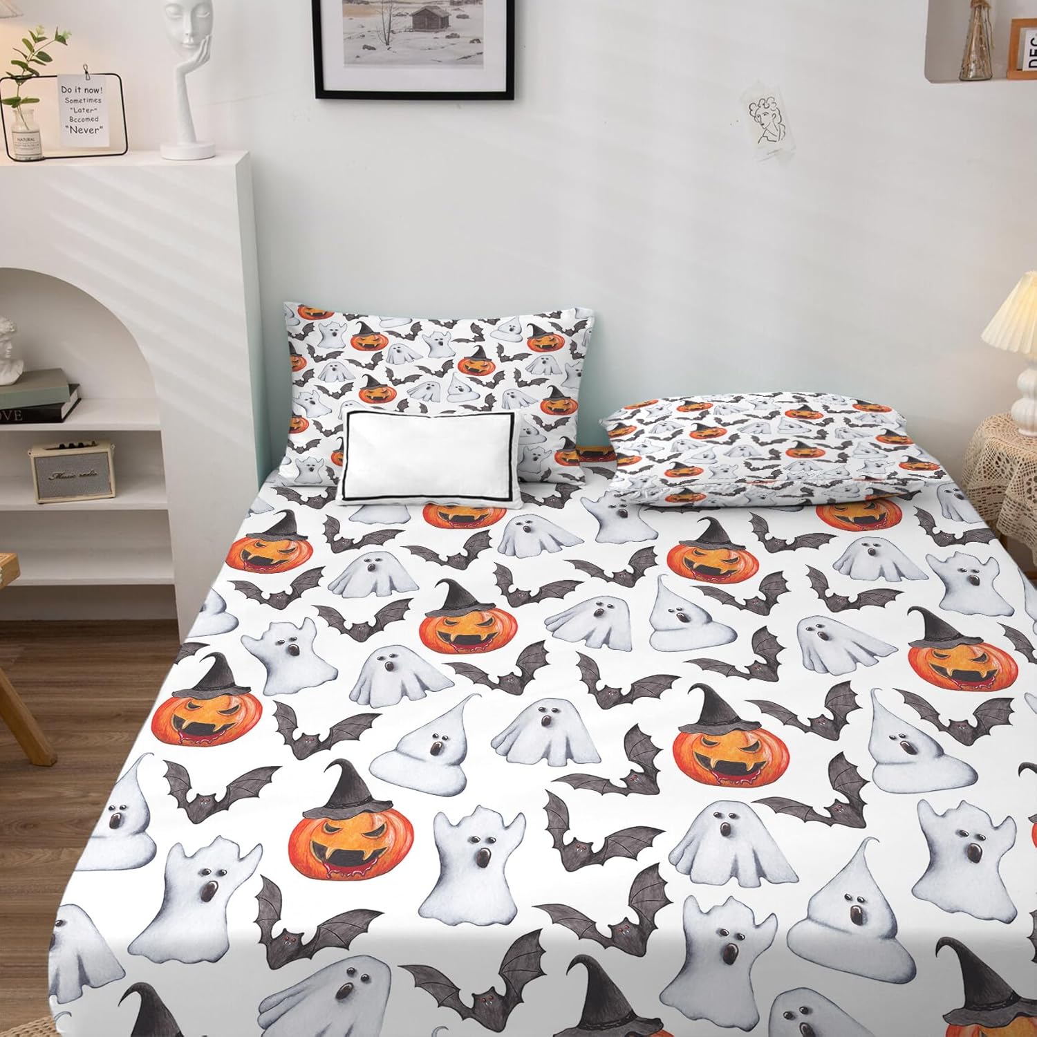 Sábanas de Halloween divididas tamaño King para cama ajustable, sábanas de murciélago fantasma de calabaza, sábanas y fundas de almohada, juego de 5