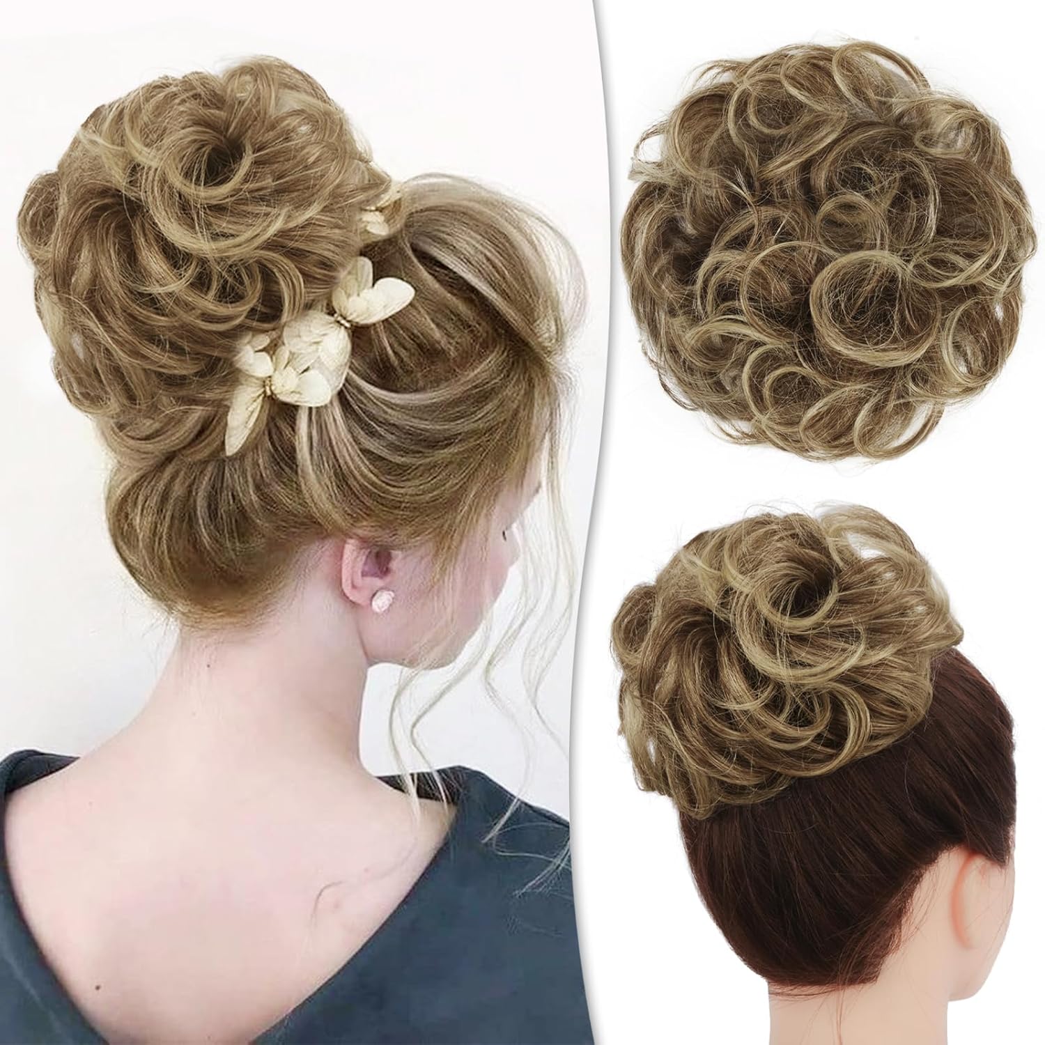 RUWISS Moño desordenado, pieza de cabello humano con moños de rosa desordenado, pieza de cabello para mujer, pieza de cabello real con coleteros