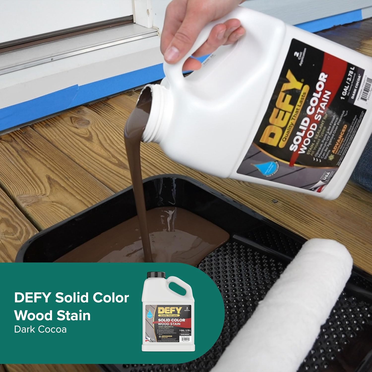 DEFY Tinte para madera de color sólido, cacao oscuro, 1 galón, pintura de cubierta de larga duración para madera y manchas de cercas, pintura de
