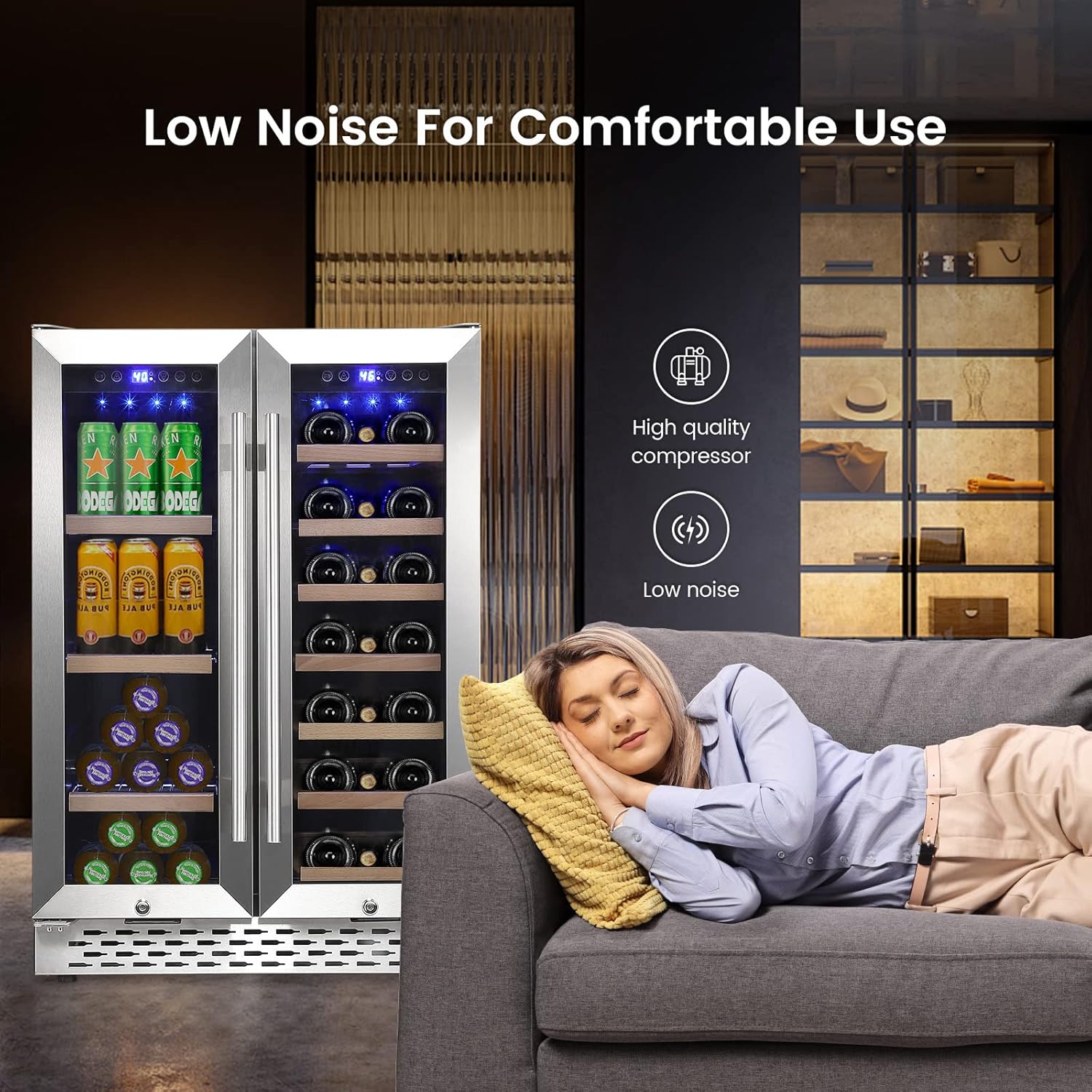 Refrigerador de vino y bebidas, 24 pulgadas, 55 latas y 20 botellas, enfriador de vino grande de doble zona con compresor silencioso, LED azul,