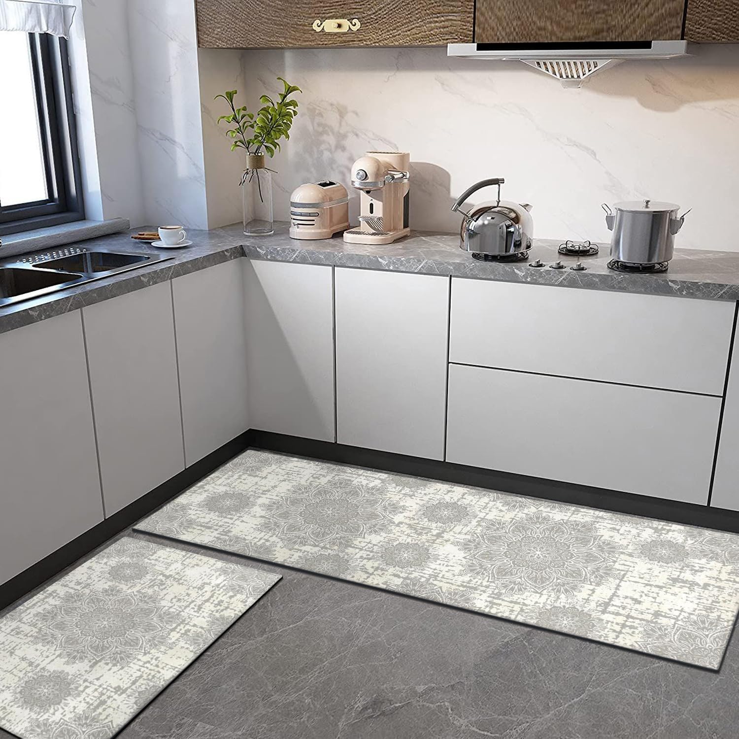 Faptoena Juego de 2 alfombras de cocina con diseño bohemio de mandala, alfombras y tapetes de cocina bohemios con medallón floral, antideslizantes,