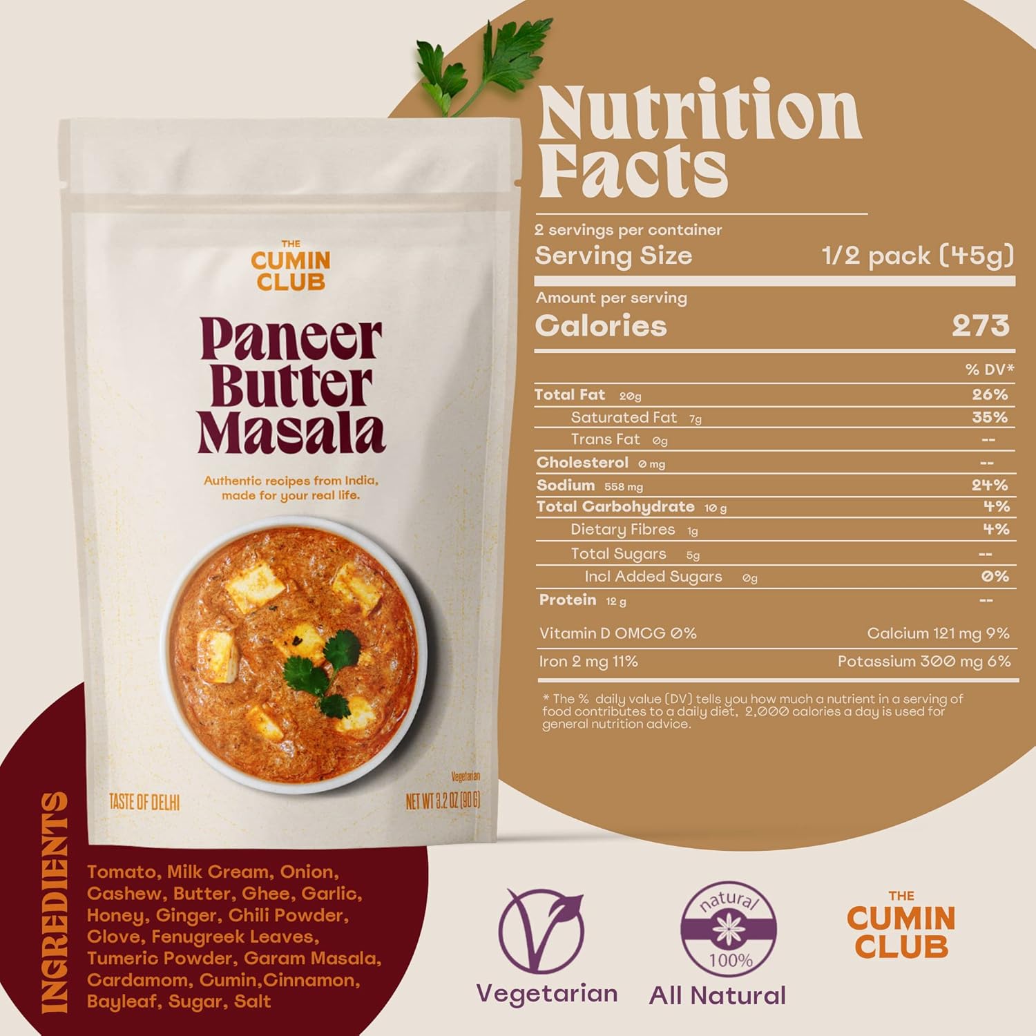 The Cumin Club Paneer Butter Masala – Paquete de curry instantáneo + lados de arroz, comidas vegetarianas listas para comer (paquete de 5 masala de