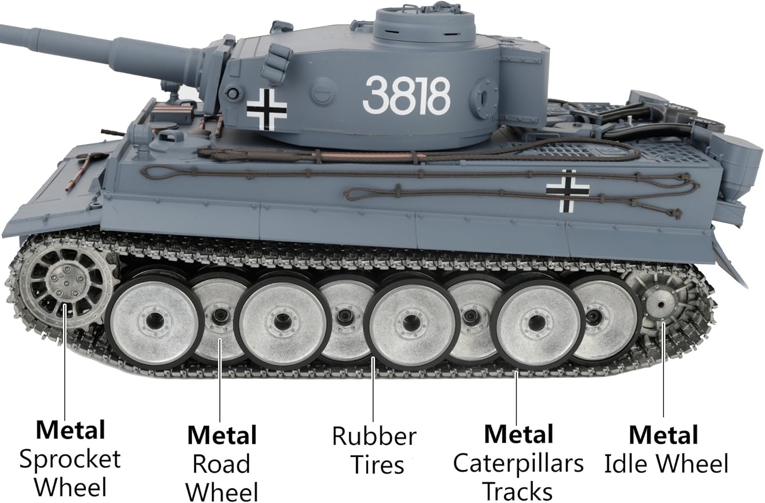 116 2.4ghz control remoto alemán tigre I gris color tanque adultos modelo juguete (actualizadorueda de carretera de metal y orugas y rueda dentada y