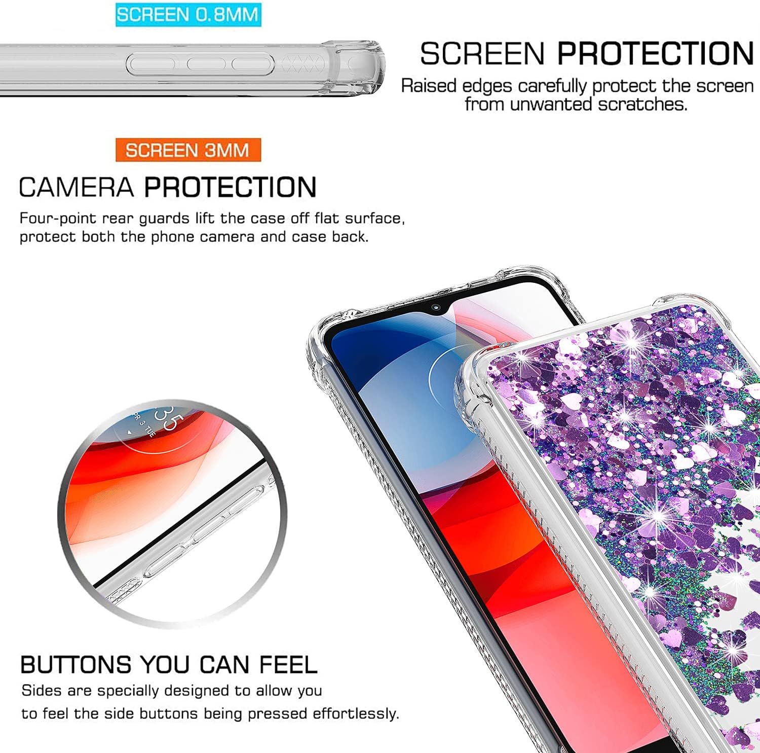 Funda compatible con Moto G Play, con protector de pantalla HD, a prueba de golpes, transparente, para niñas y mujeres, carcasa rígida de TPU para