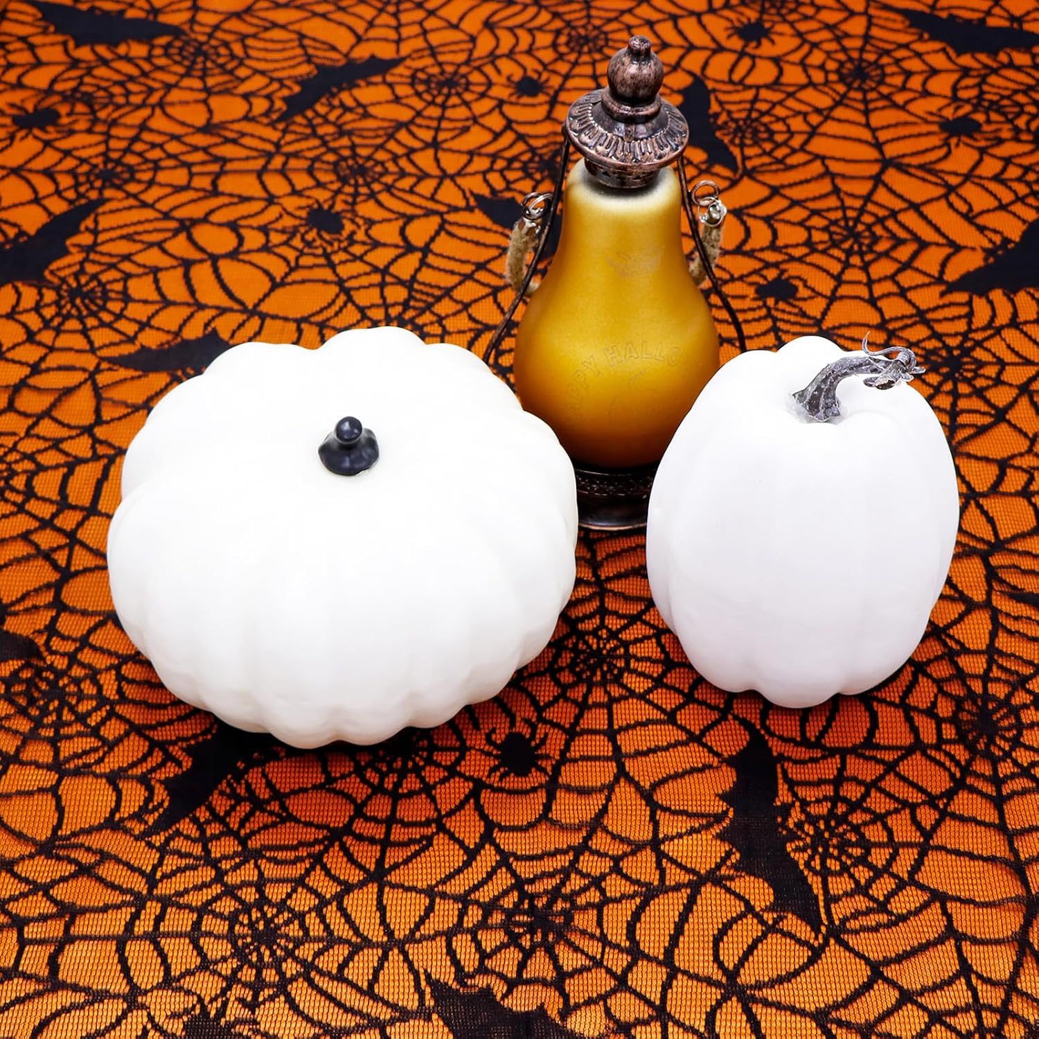 OurWarm 2 manteles de Halloween, mantel rectangular de poliéster con encaje negro y forro naranja, funda de mesa de tela de araña para decoraciones