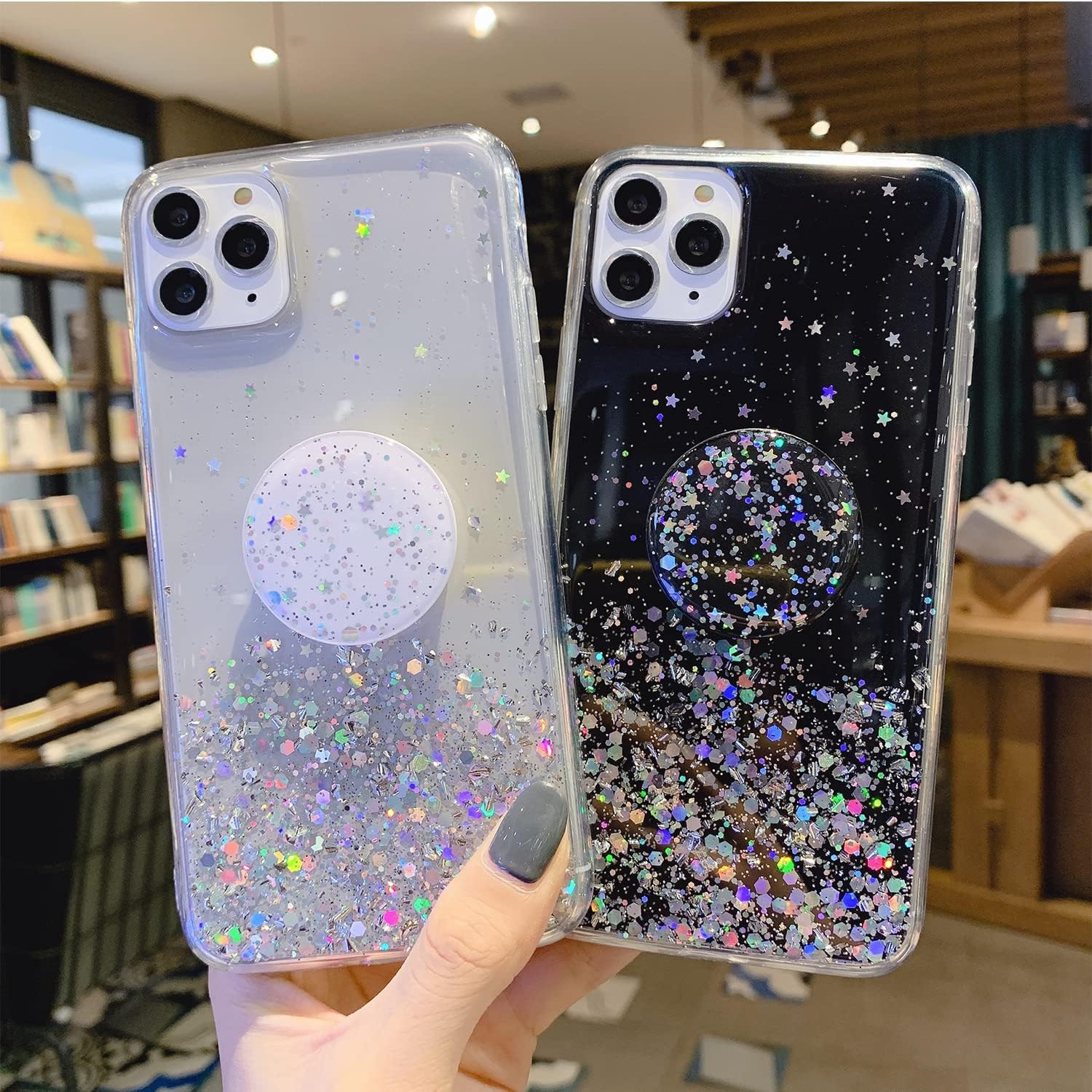 MUYEFW Funda con purpurina para Samsung Galaxy S22 Ultra de 6.8 pulgadas, con soporte de anillo, bonita funda transparente para mujer, con soporte