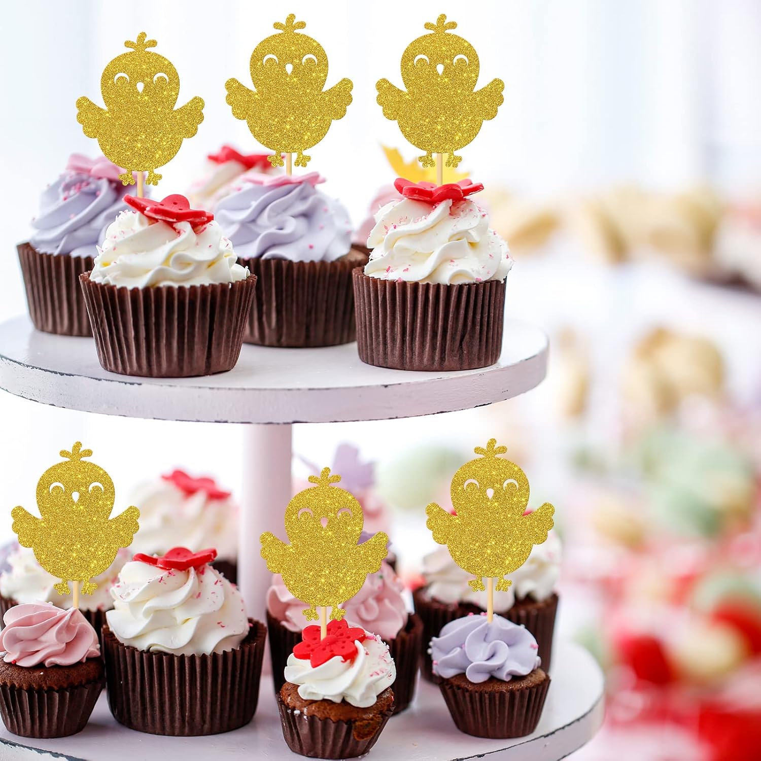 MonMon & Craft 24 adornos para cupcakes de pollitos de animales de granja, baby shower, letrero de cumpleaños para niños, decoración de cupcakes de