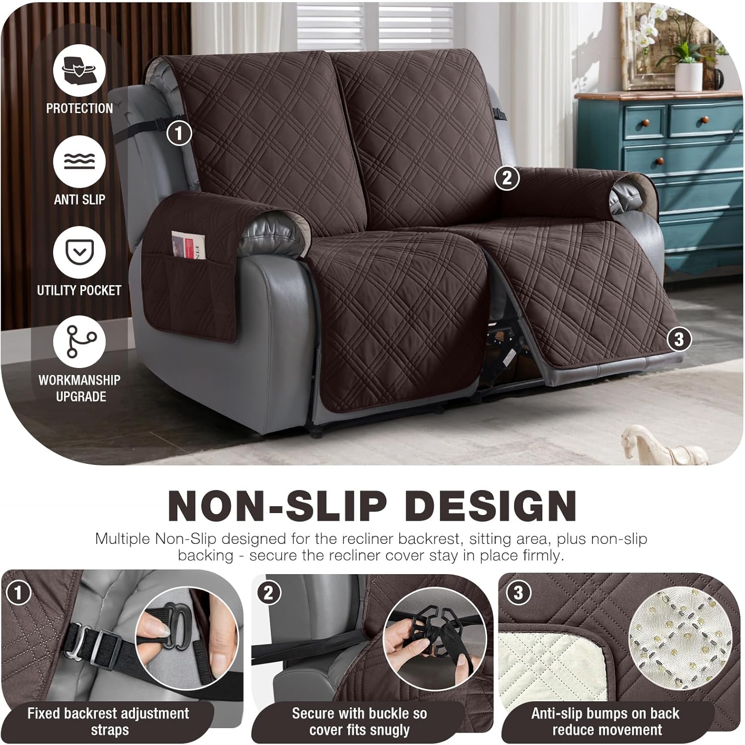 TAOCOCO Funda reclinable 100% impermeable, fundas antideslizantes para sofá biplaza reclinable con correas elásticas, silla reclinable