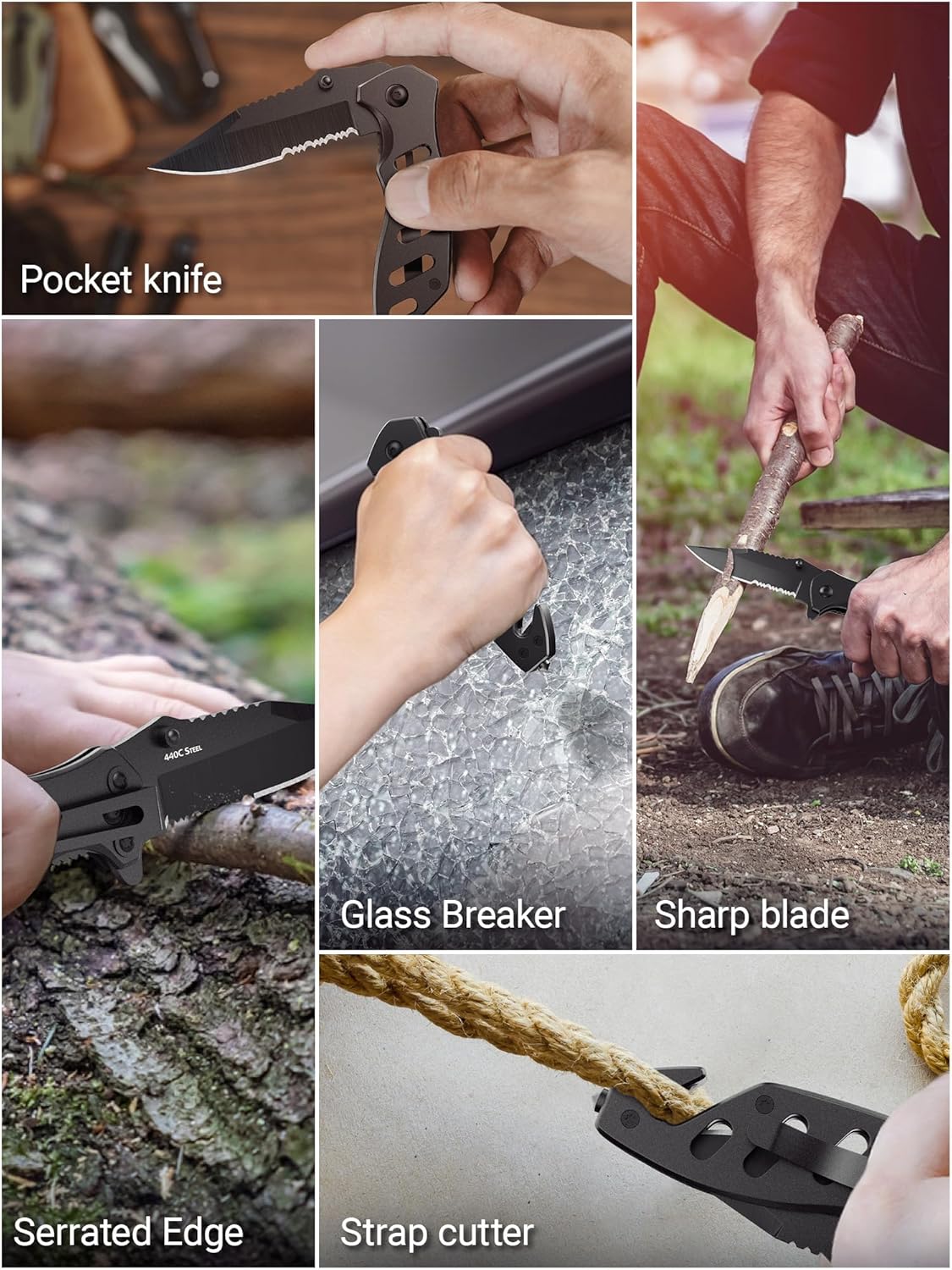 Cuchillo táctico legal para hombres y mujeres, cuchillo de bolsillo pequeño negro de hoja dentada de 2.68 pulgadas con cortador de cinturón de