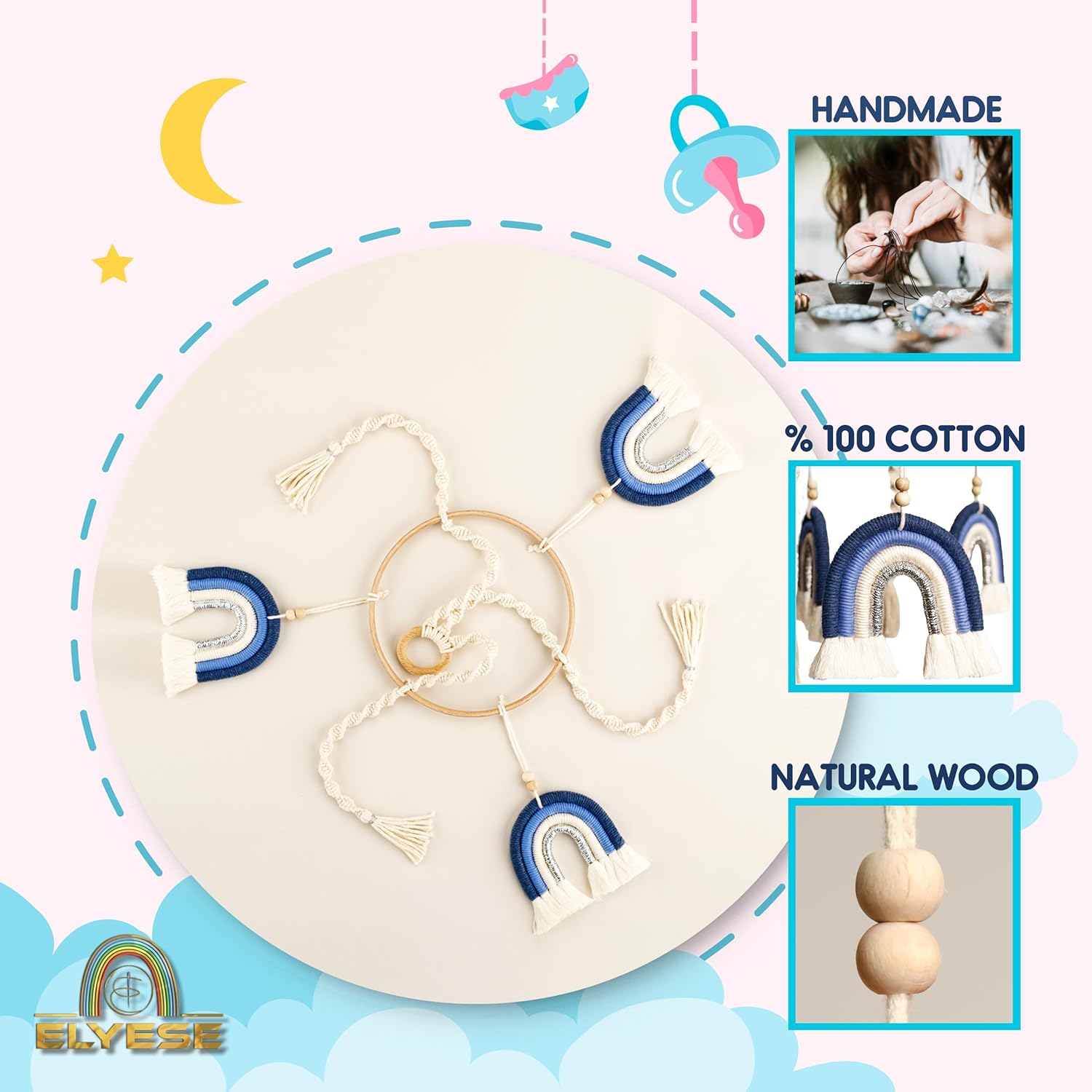Móvil de cuna para niños, móvil de bebé arcoíris, móvil hecho a mano para cuna, móvil de macramé para cuna, móvil de cuna de bebé bohemio, móvil de