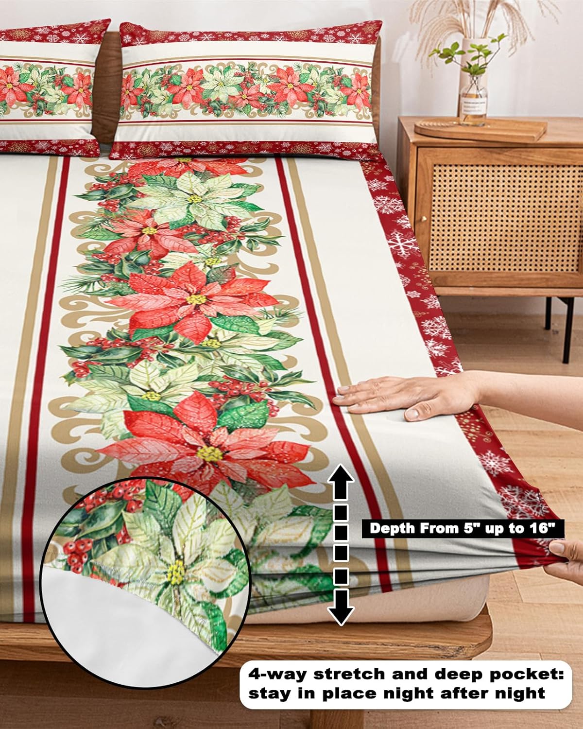 Christmas Winter Poinsettia Flower Fitted Bed Sheets California King Size Fit 5-16inch Deep Pockets,Bottom Sheet Bedding Set with Pillow Case,White