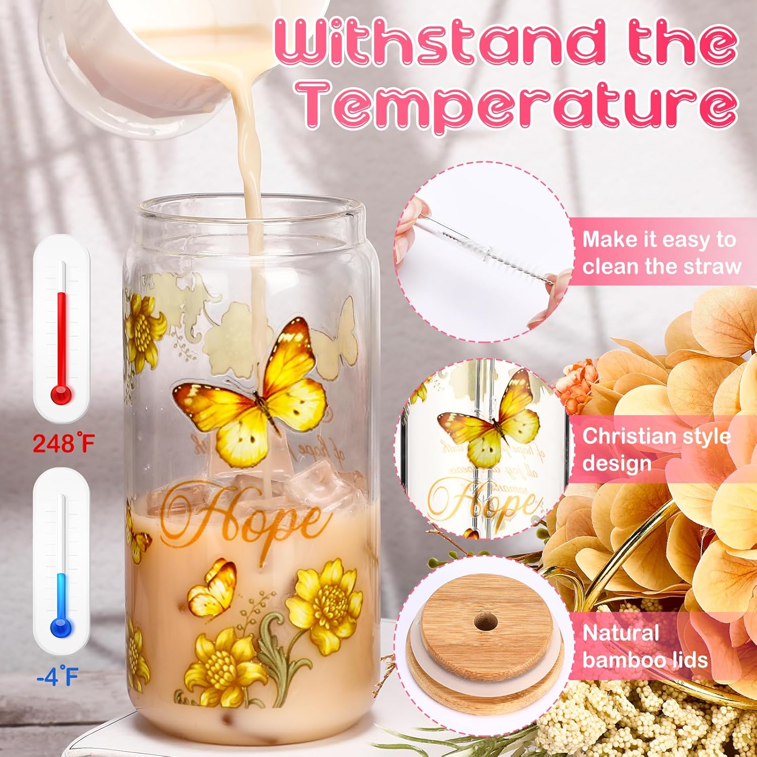 Cunhill 4 vasos de cristal cristiano de 16 onzas con diseño de mariposa de agradecimiento para café helado, regalo de graduación, vasos de flores