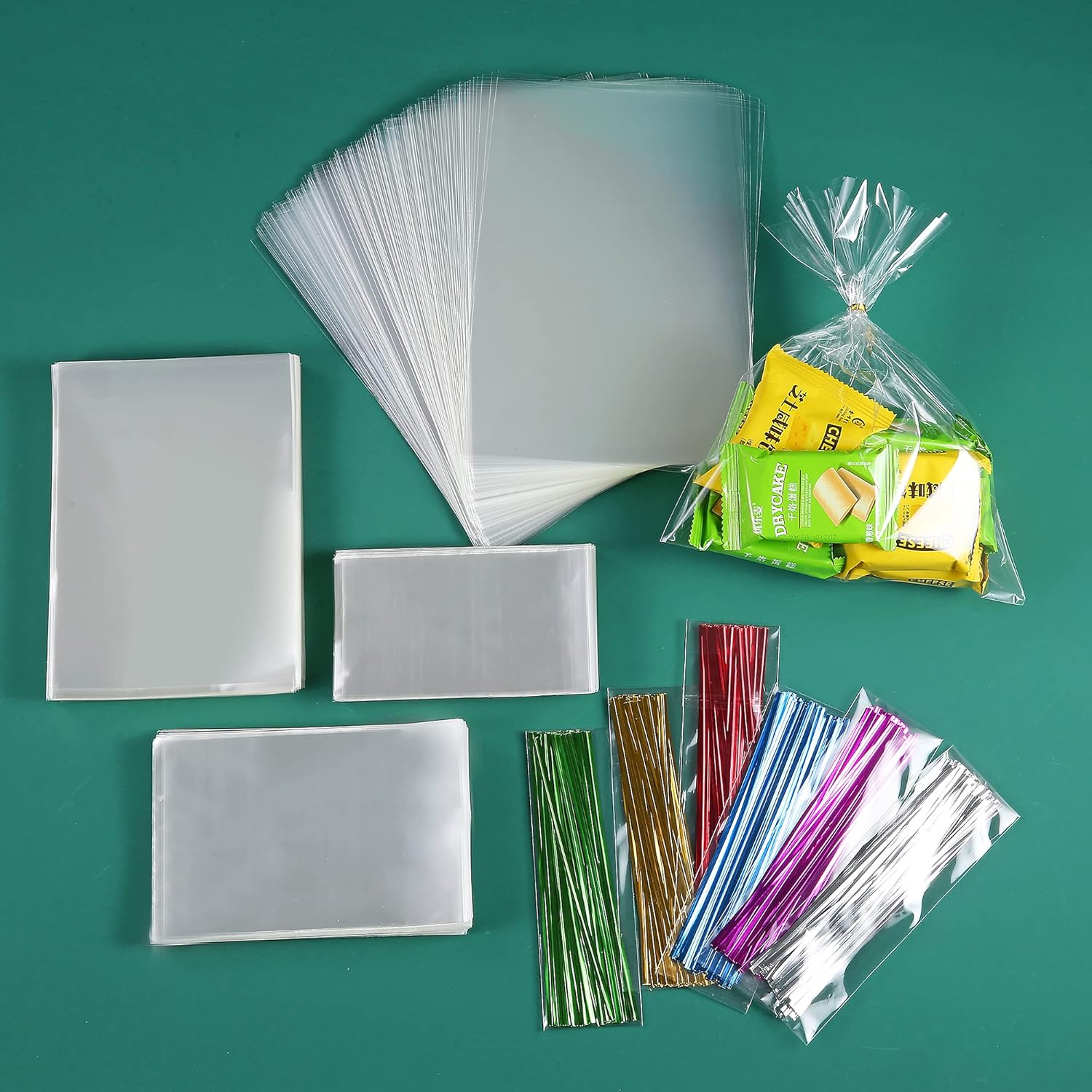 Macoota 200 bolsas de celofán planas de celofán de 4 x 9 pulgadas, transparentes y gruesas, con lazos torcidos de 6 colores, embalaje, galletas,