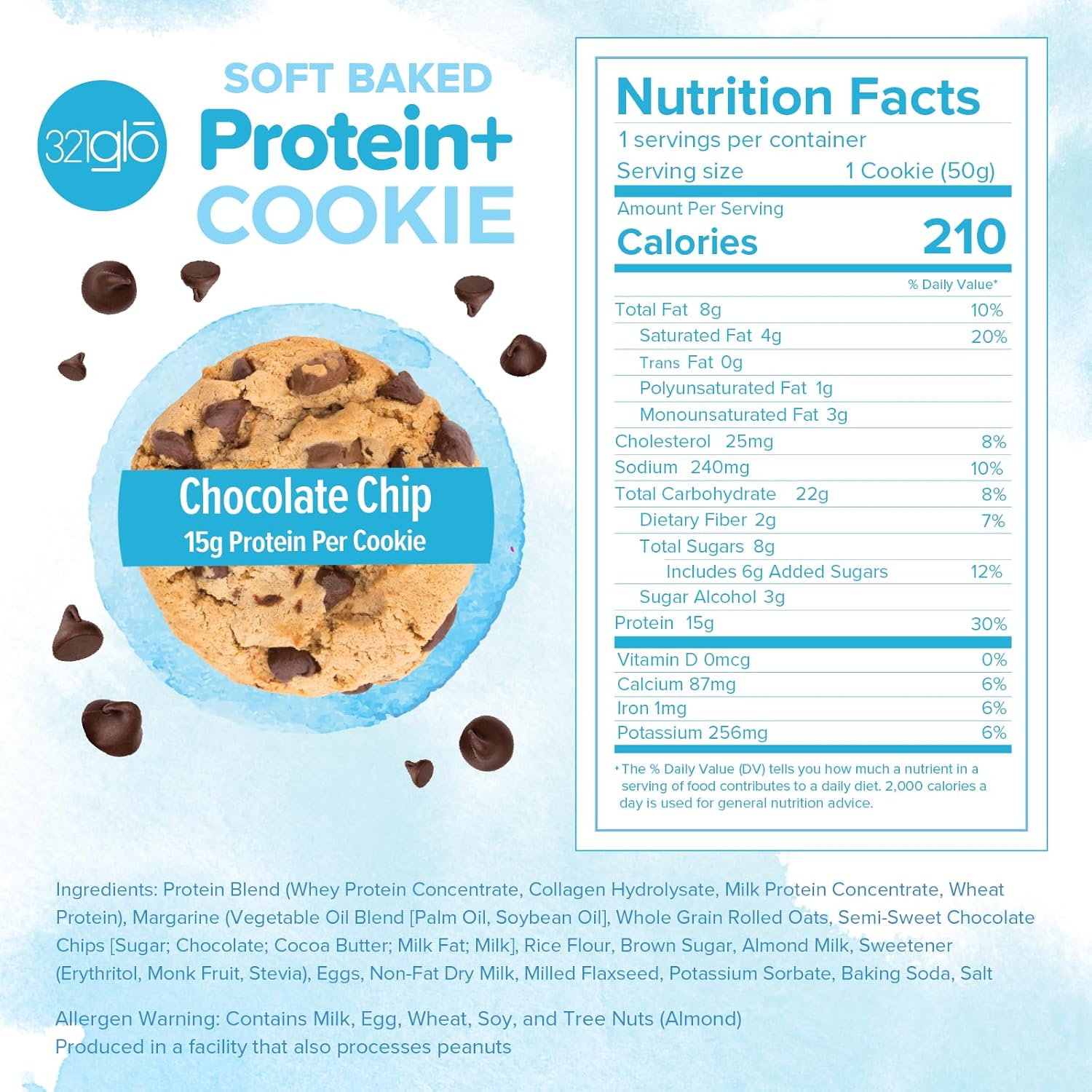 321glo Protein+ Cookies  Galletas horneadas suaves con colágeno de alto contenido en proteínas, 0.55 oz de proteína, aperitivo para hombres, mujeres